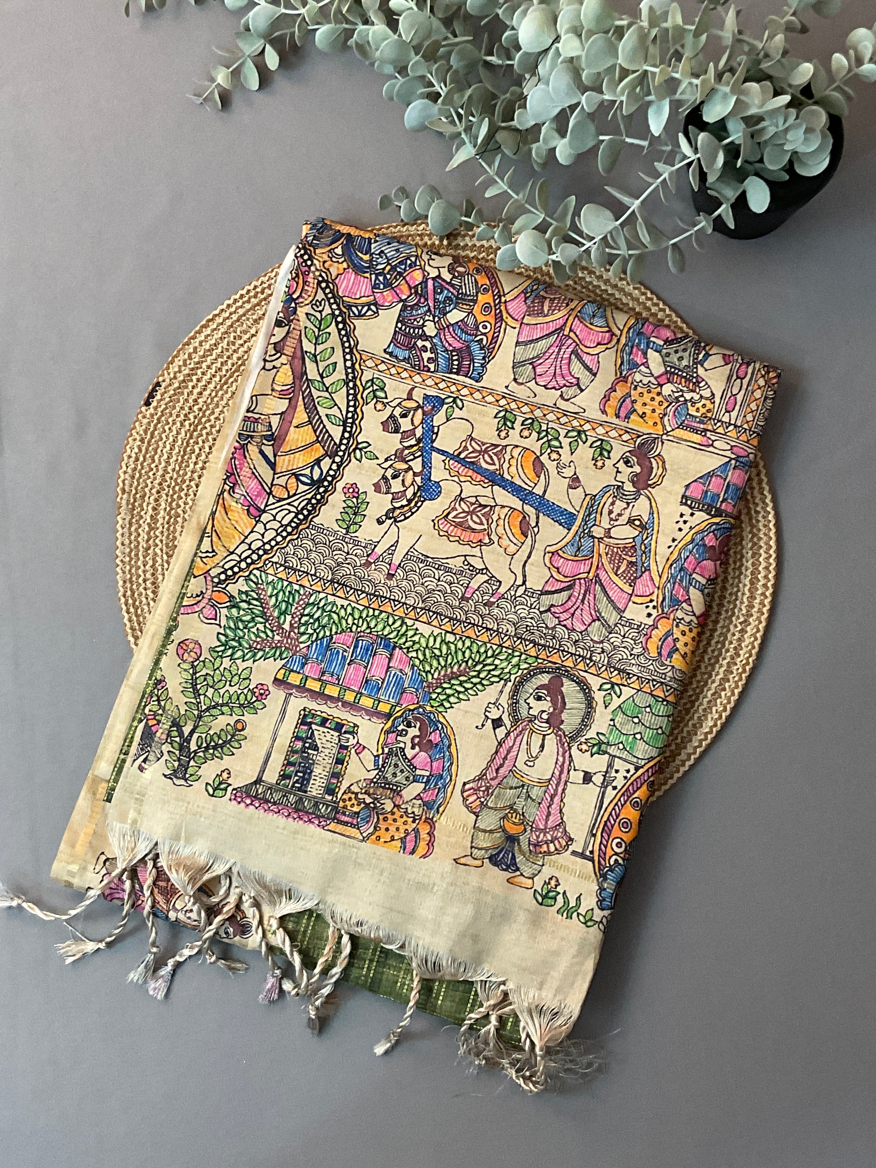 Kalamkari Hand Block Printed Handloom Silk Saree in Green with Designer Pallu & Blouse