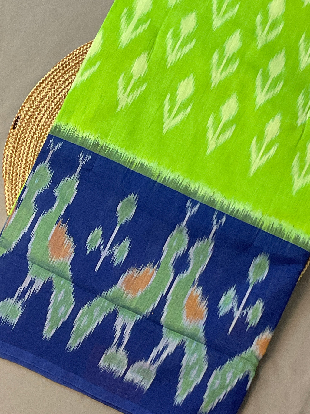 Light Green & Blue Pochampally Ikat Handloom Cotton Saree with Contrast Pallu – Without Blouse