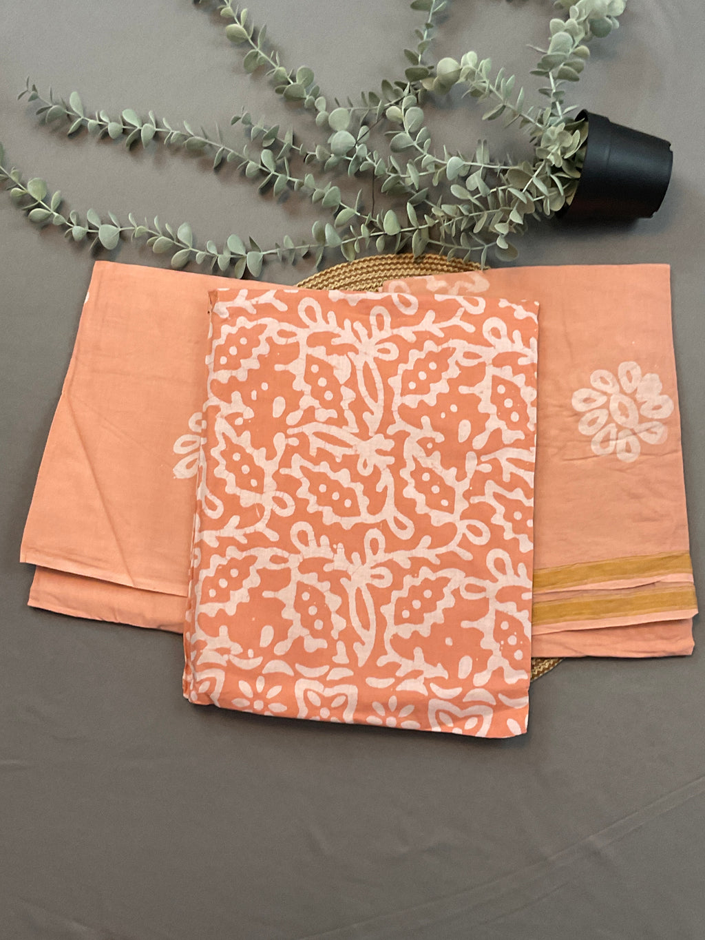 Light Peach Hand Batik Print Cotton Dress Material – Unstitched 3-Piece Suit