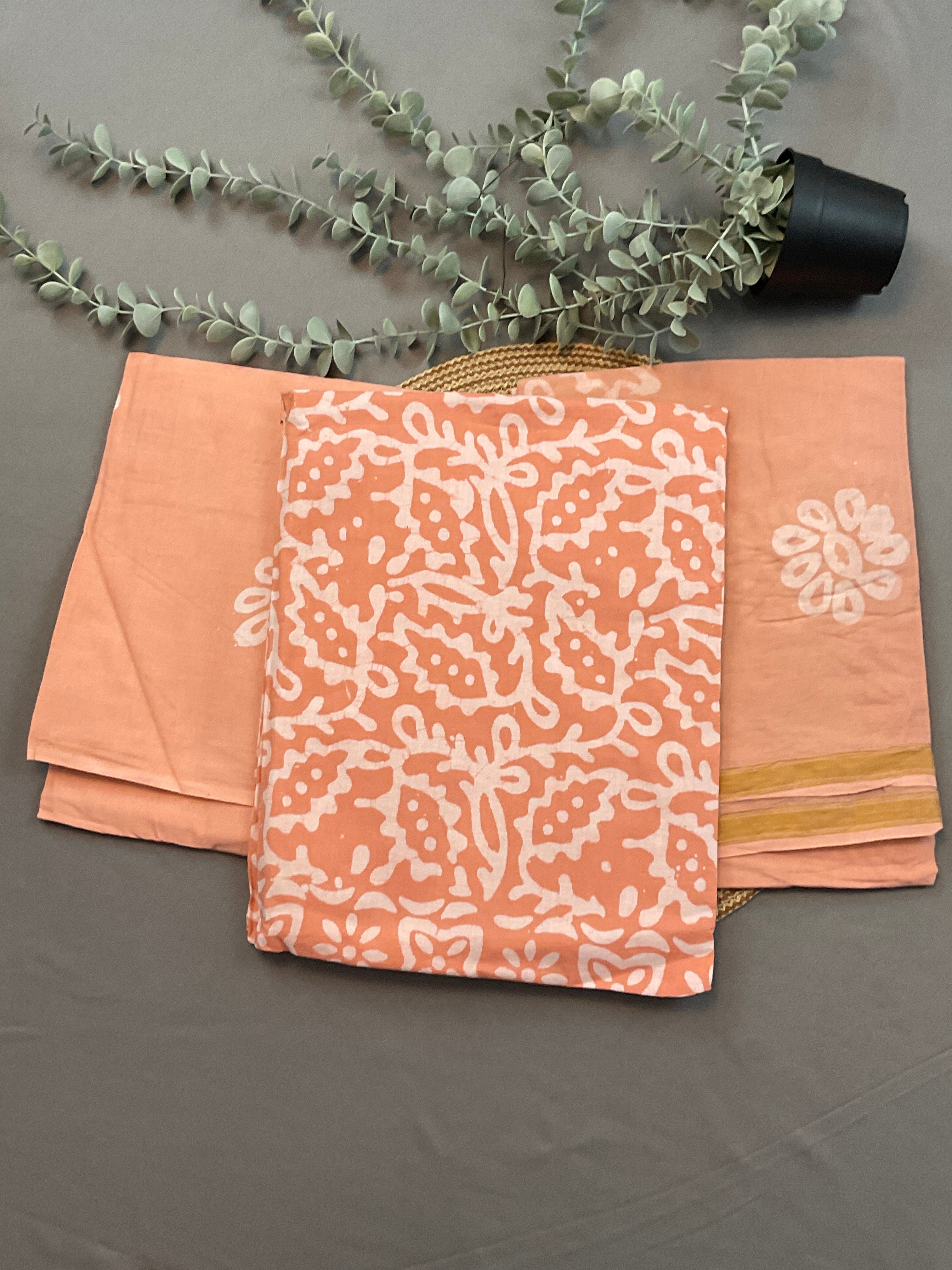 Light Peach Hand Batik Print Cotton Dress Material – Unstitched 3-Piece Suit