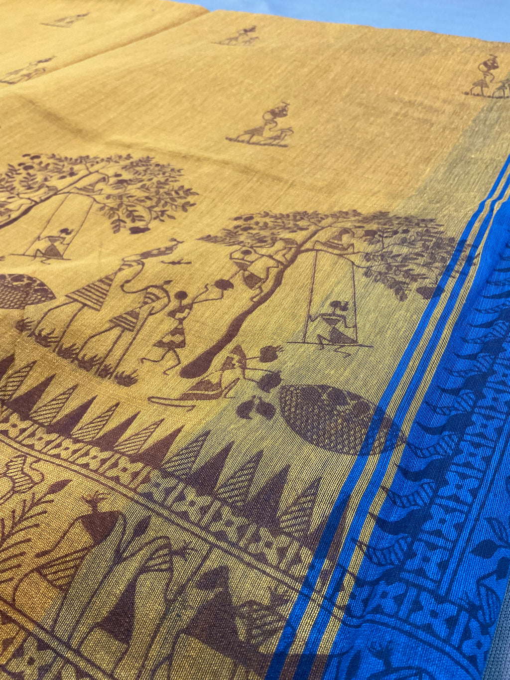 Handloom cotton silk saree in Kalamkari Vareli printing all over with blouse — mustard saree with blue pallu