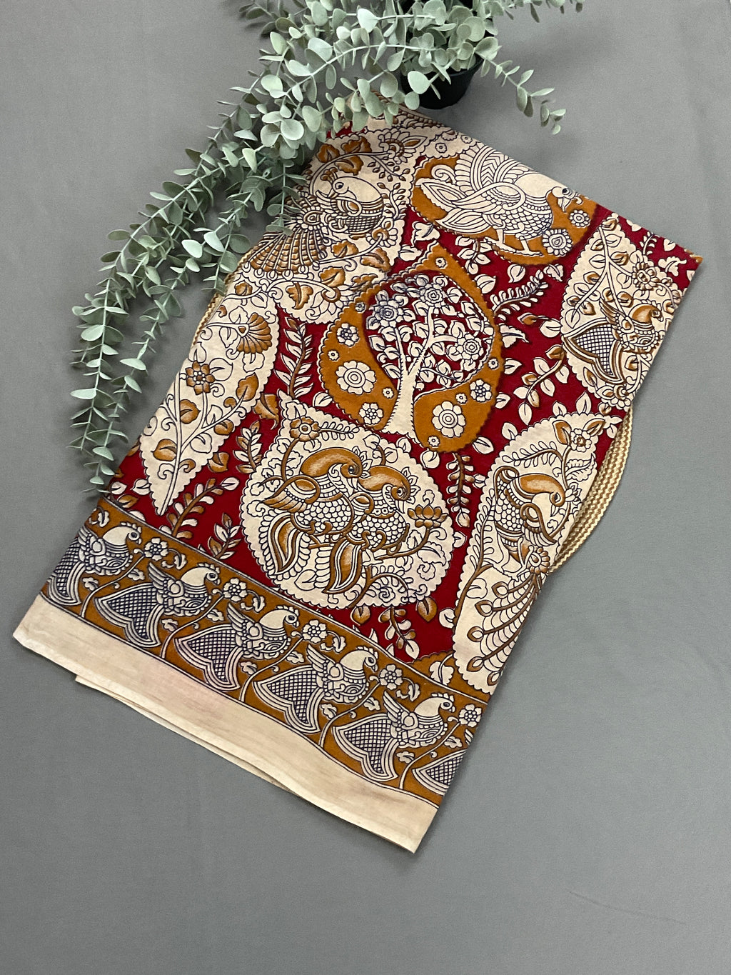 Kalamkari Hand Block Print Mul Cotton Saree – Red | With Blouse Piece