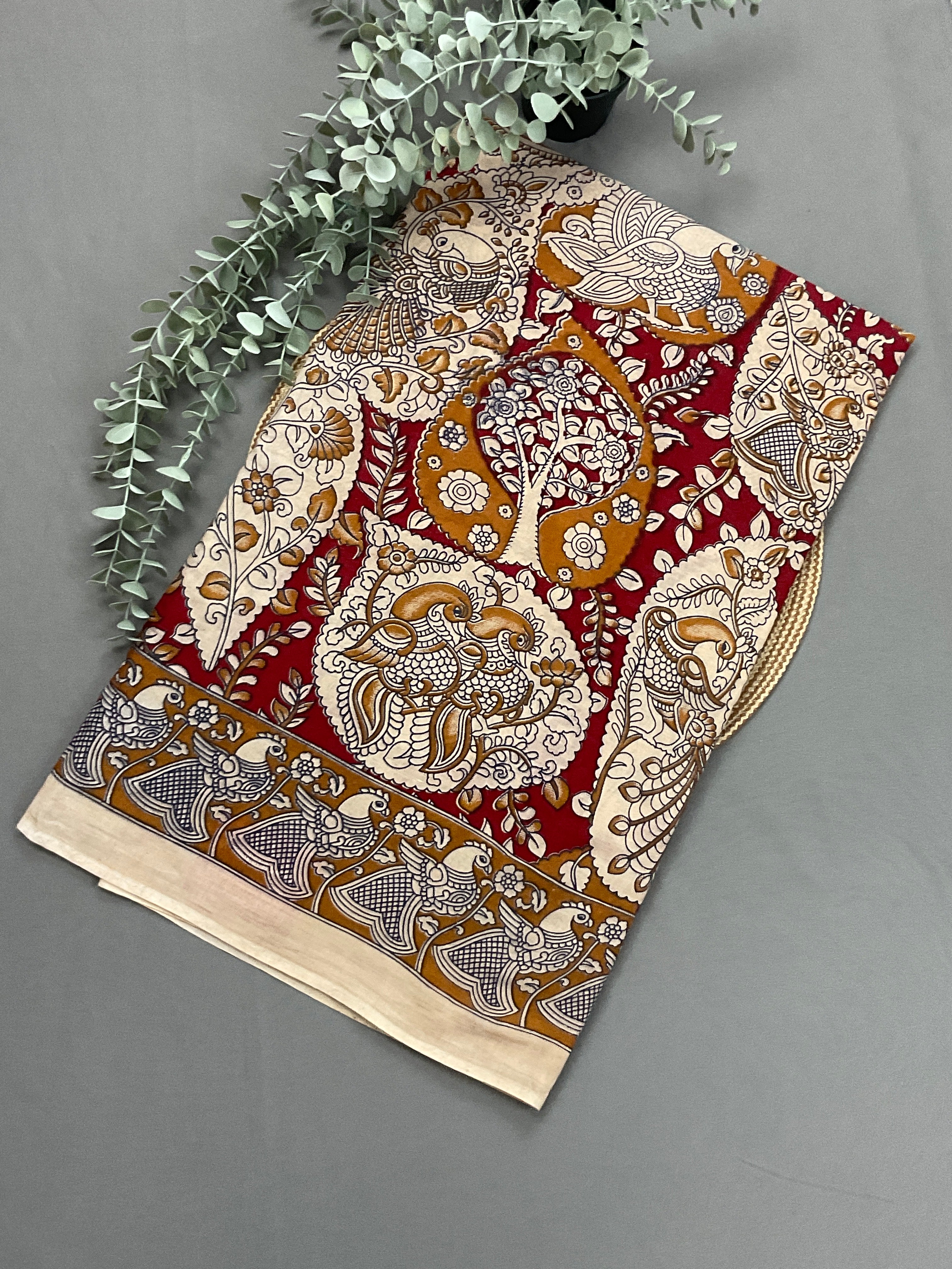 Kalamkari Hand Block Print Mul Cotton Saree – Red | With Blouse Piece