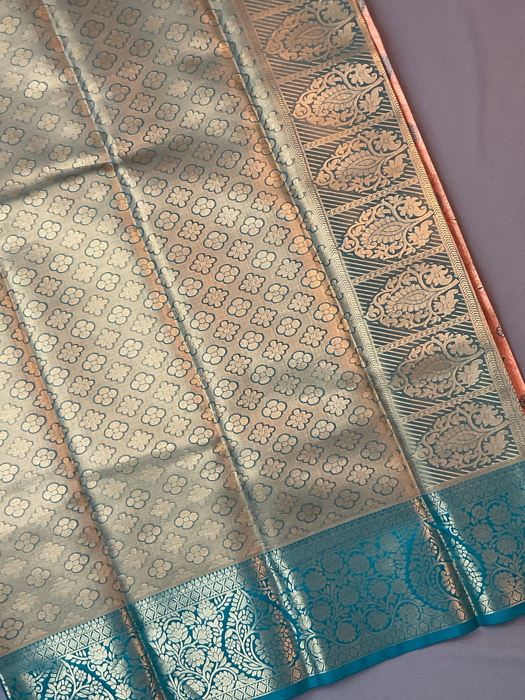 Orange Kanchipattu Silk Saree with Contrast Green Border & Pallu