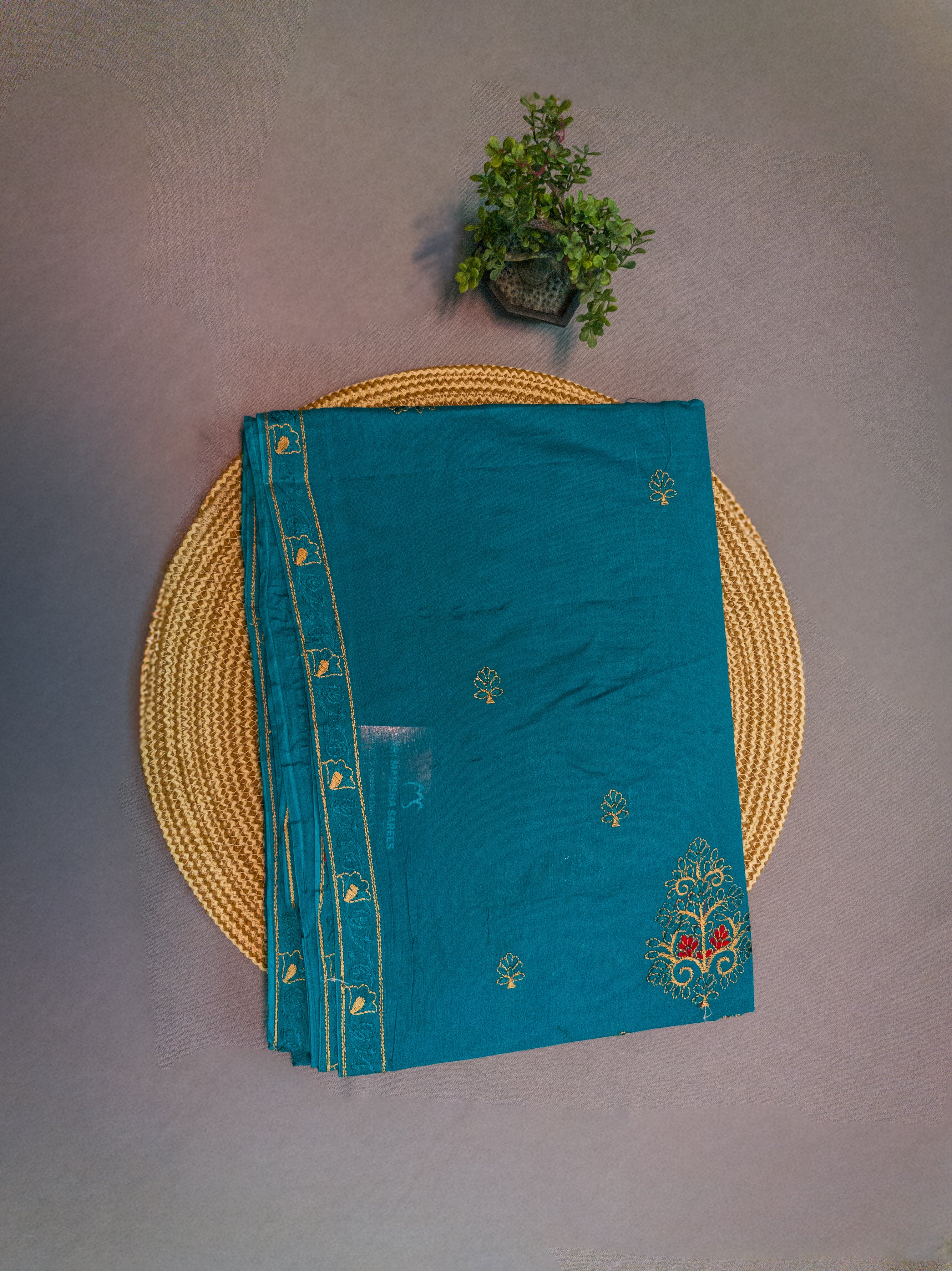 Navy Hand-Embroidered Mul Cotton Saree