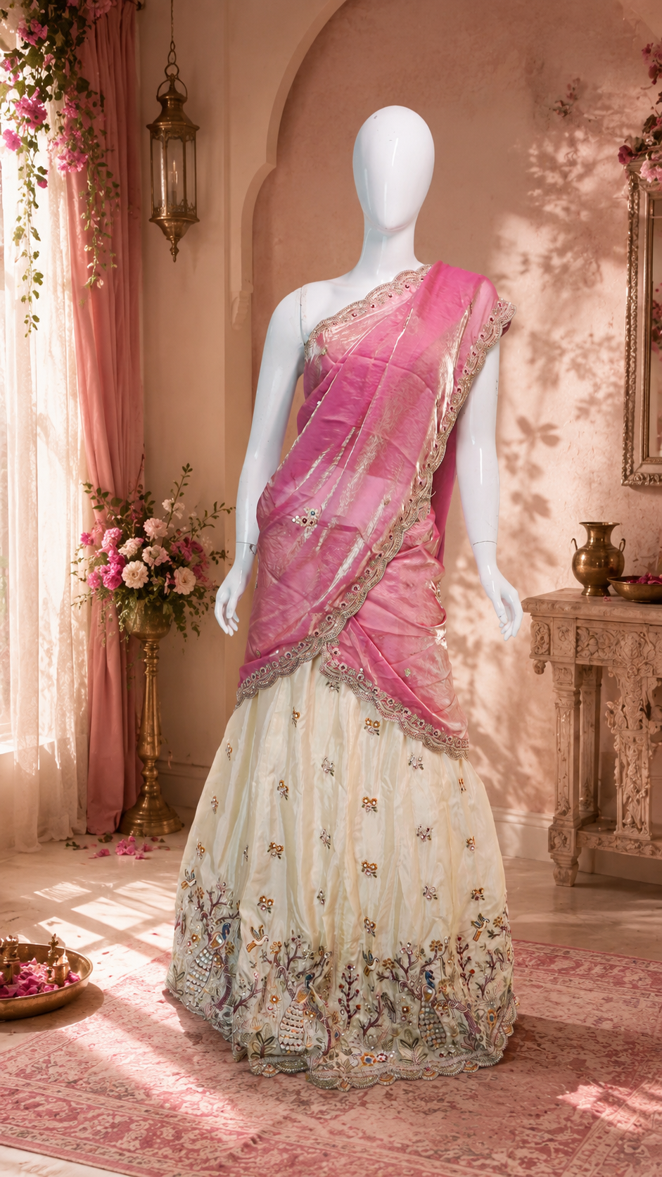 A white mannequin displays a traditional Indian lehenga choli set in an ornate, sunlit room. The outfit features a vibrant pink sleeveless choli draped over a cream-colored skirt (lehenga) heavily decorated with gold and silver floral embroidery and mirror work.