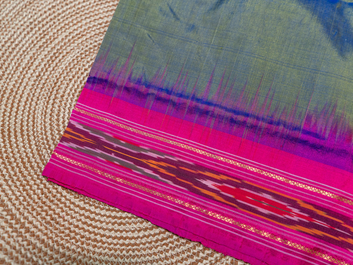 Dark Green Pochampally Single Ikat Silk Saree — Pink Patola Border & Pallu (Without Blouse)