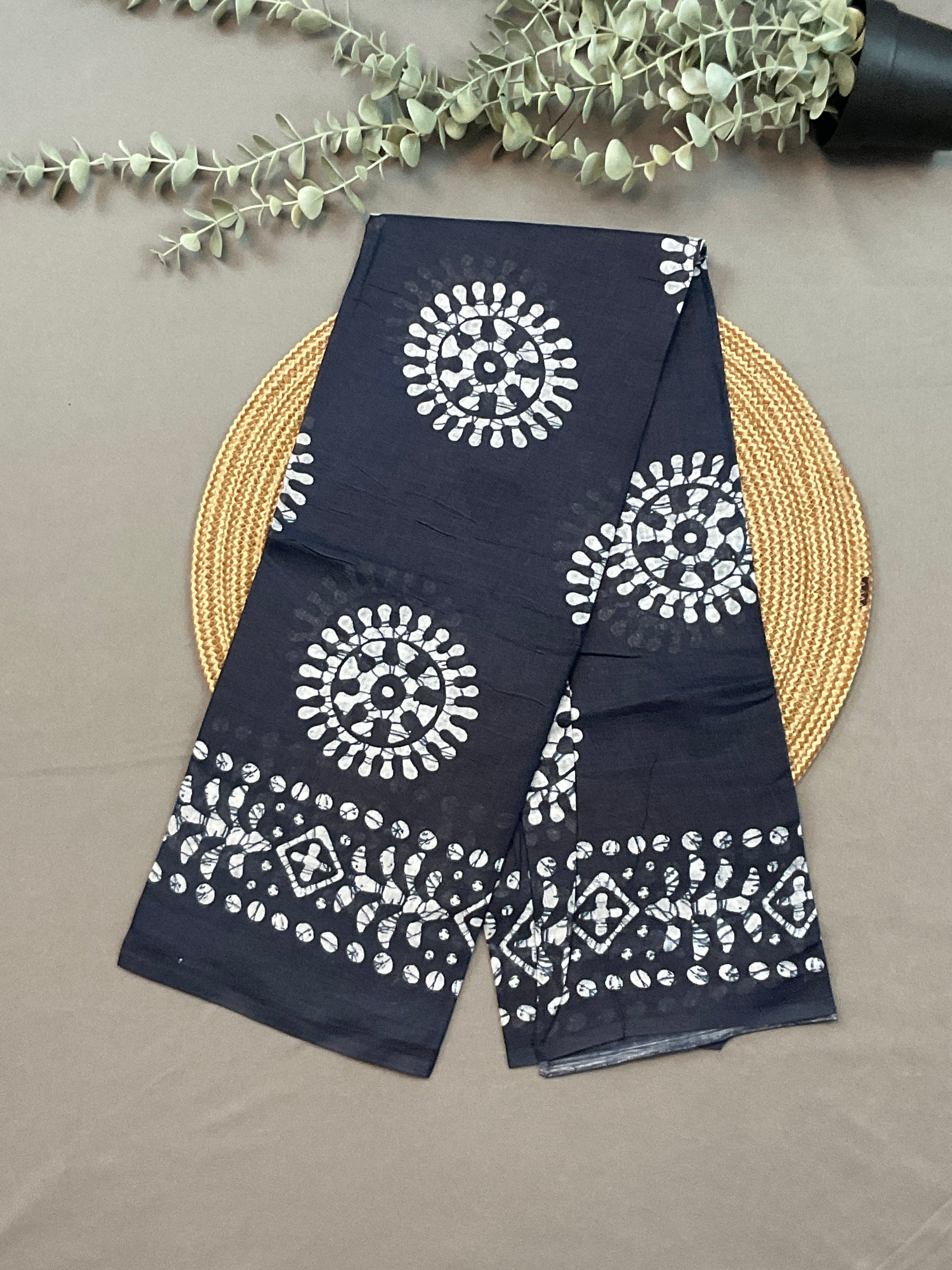 Navy Blue Hand Batik Print Cotton Dress Material – Unstitched 3-Piece Suit