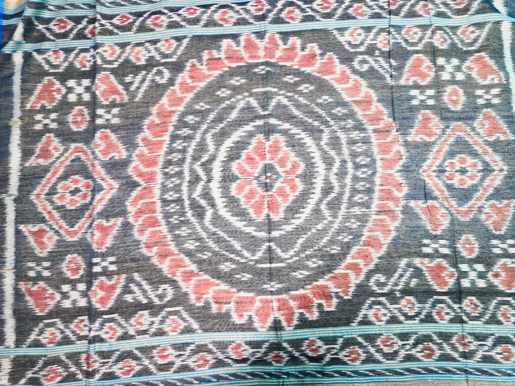 Cream & Grey Handloom Ikat Cotton Saree with Tassel Pallu