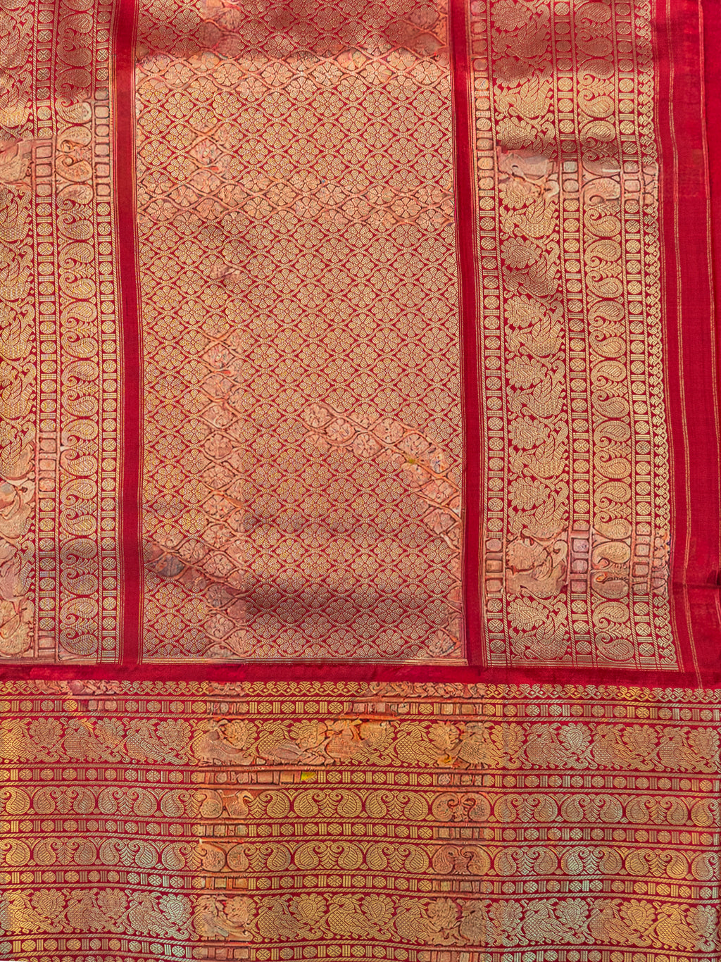 Signature Kanchipuram Pochampally Double Ikat Silk Saree in White with Red Zari Pallu