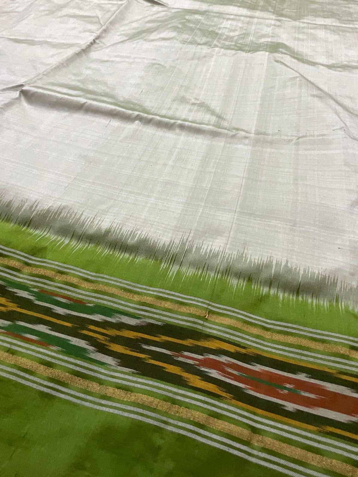 Light Green & Olive Pochampally Ikat Silk Saree — Patola Border & Pallu, Without Blouse