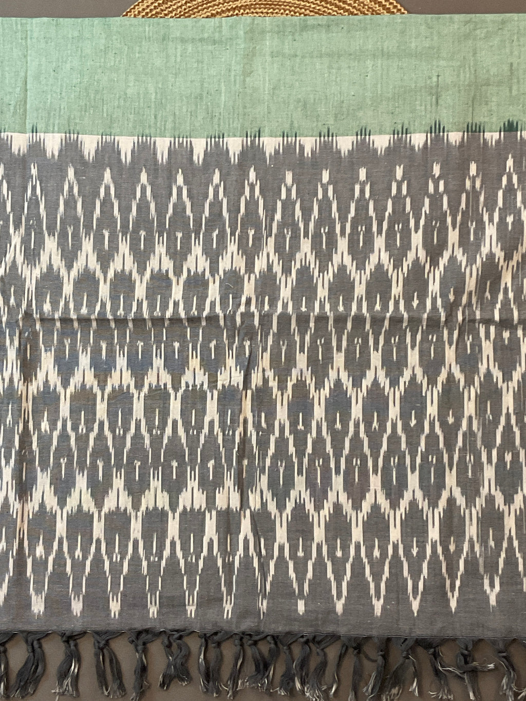 Grey & Light Green Pochampally Ikat Cotton Unstitched Dress Material – 3-Piece Suit