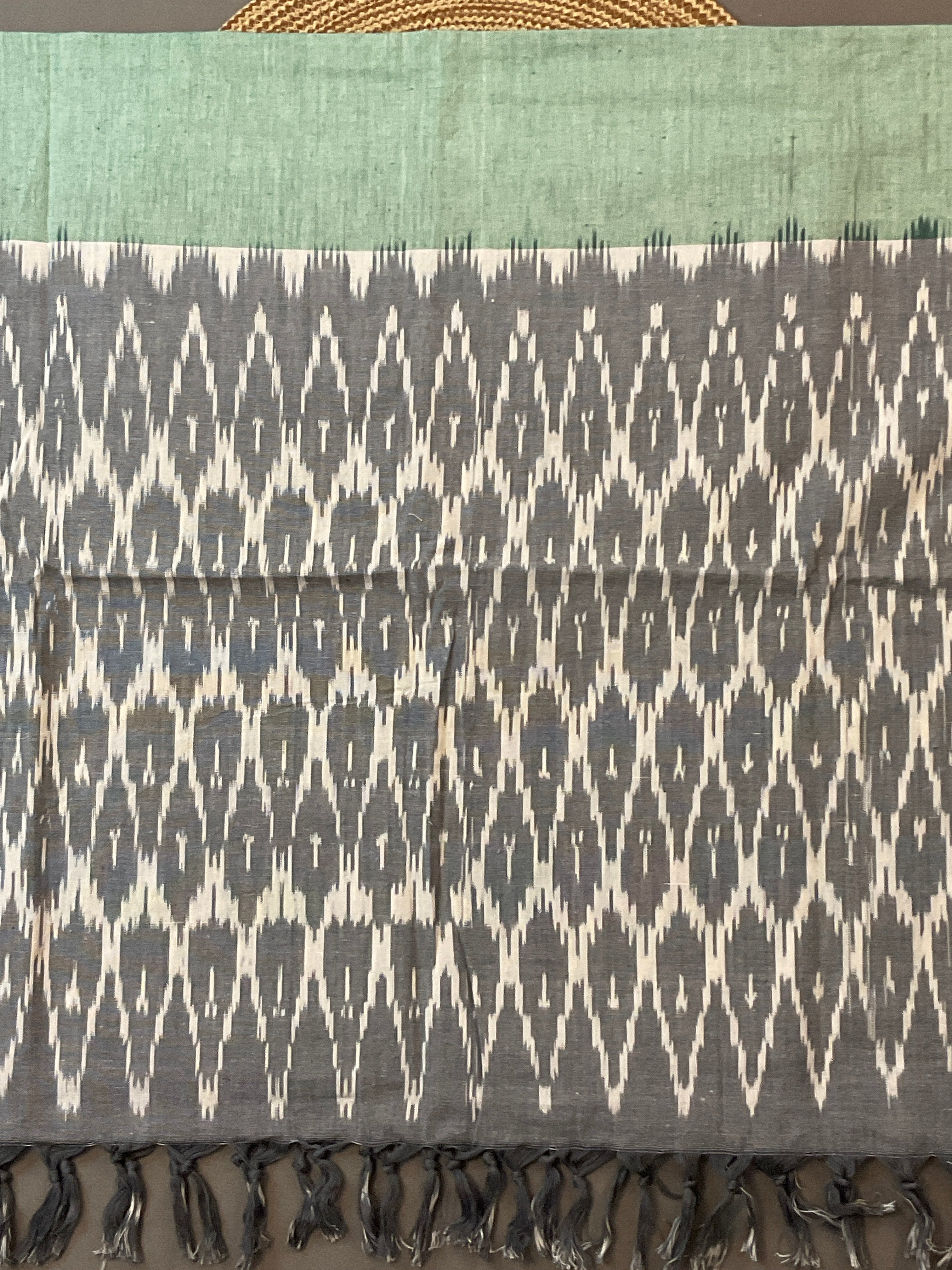 Grey & Light Green Pochampally Ikat Cotton Unstitched Dress Material – 3-Piece Suit