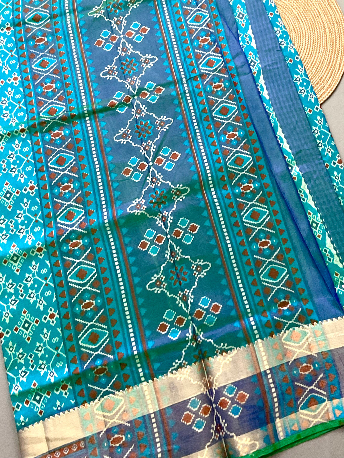 Pochampally Cotton Silk Ikkat Patola Print Saree in Ferozi Blue with Dark Blue Designer Pallu