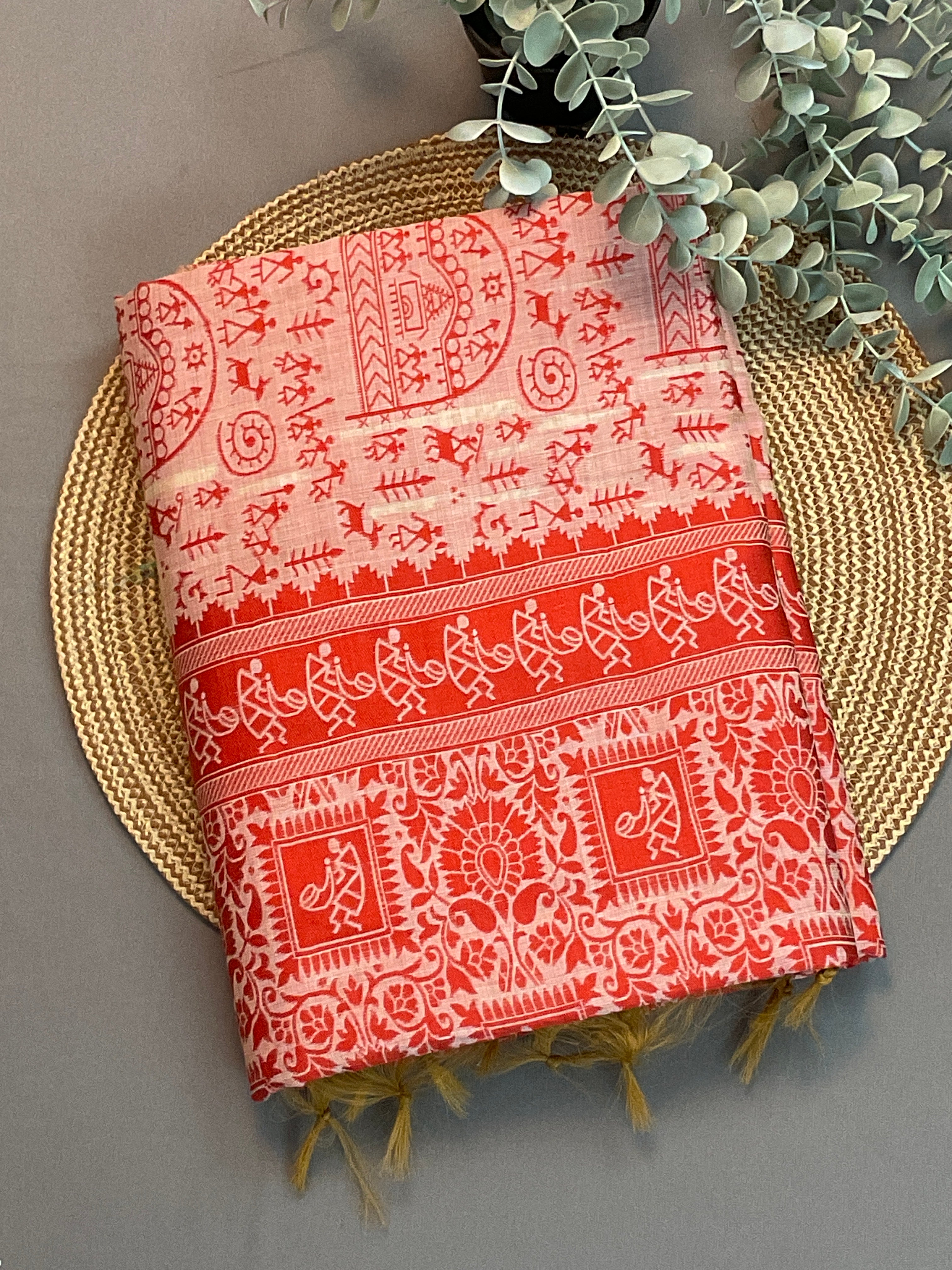 Orange Kalamkari Cotton-Linen Saree