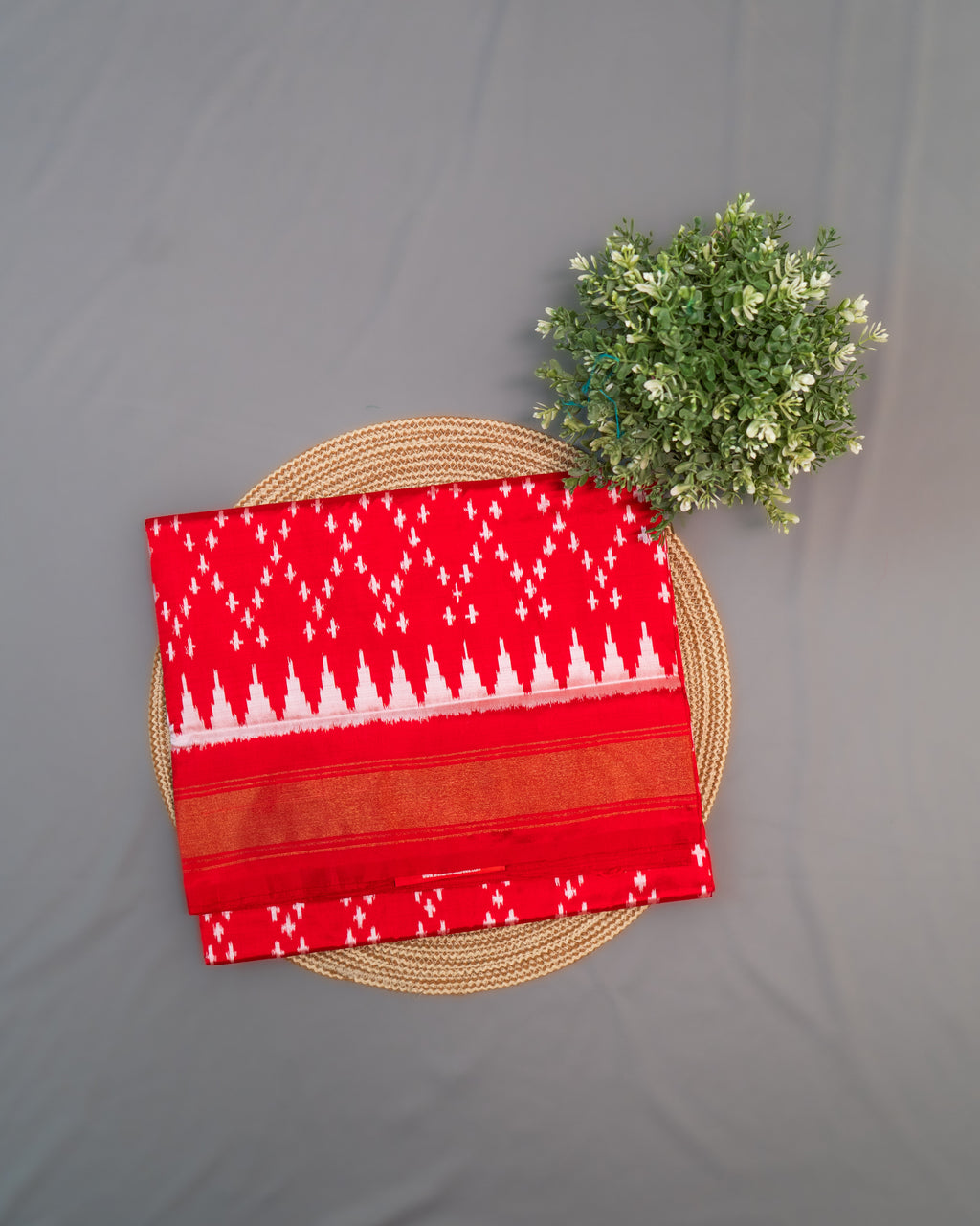 Red Pochampally Double Ikat Silk Saree — Self Red Patola Border & Pallu