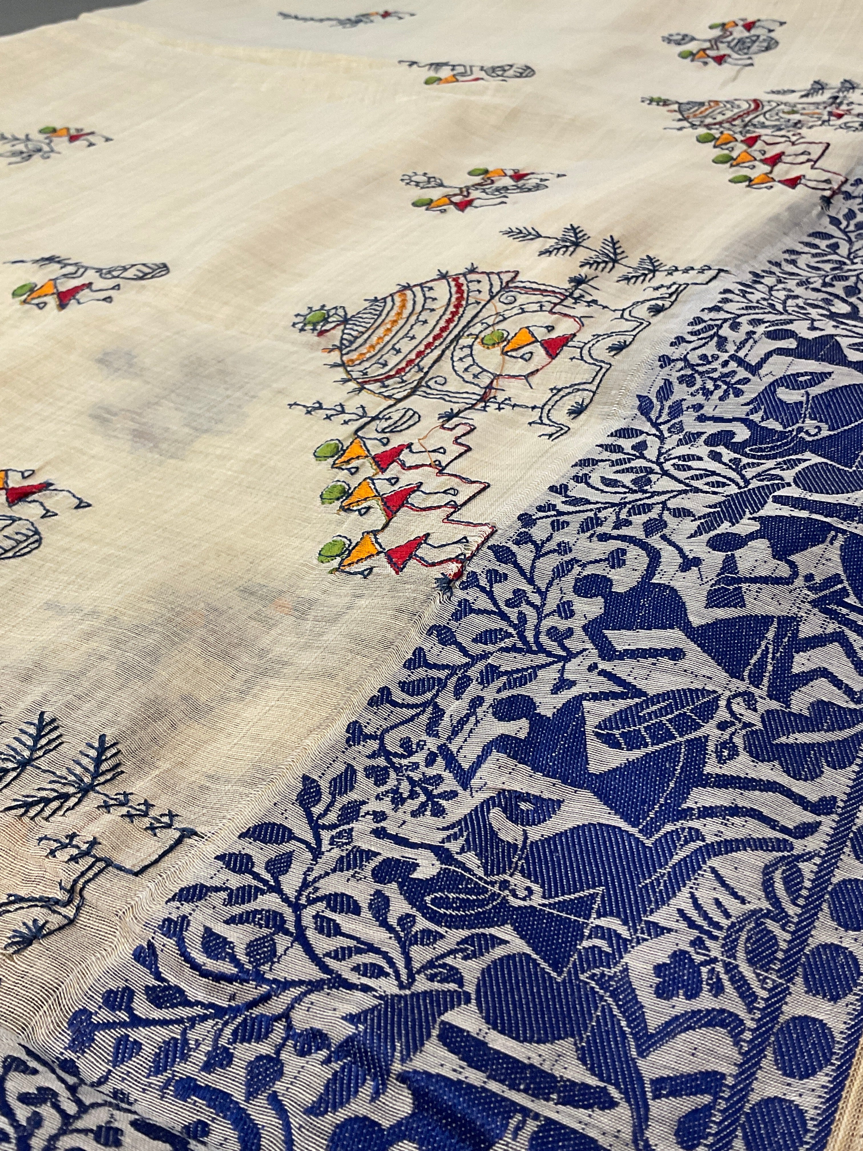 Kalamkari Hand Embroidery Cotton-Linen Saree – Off-White with Royal Blue Vareli Embroidery & Blouse