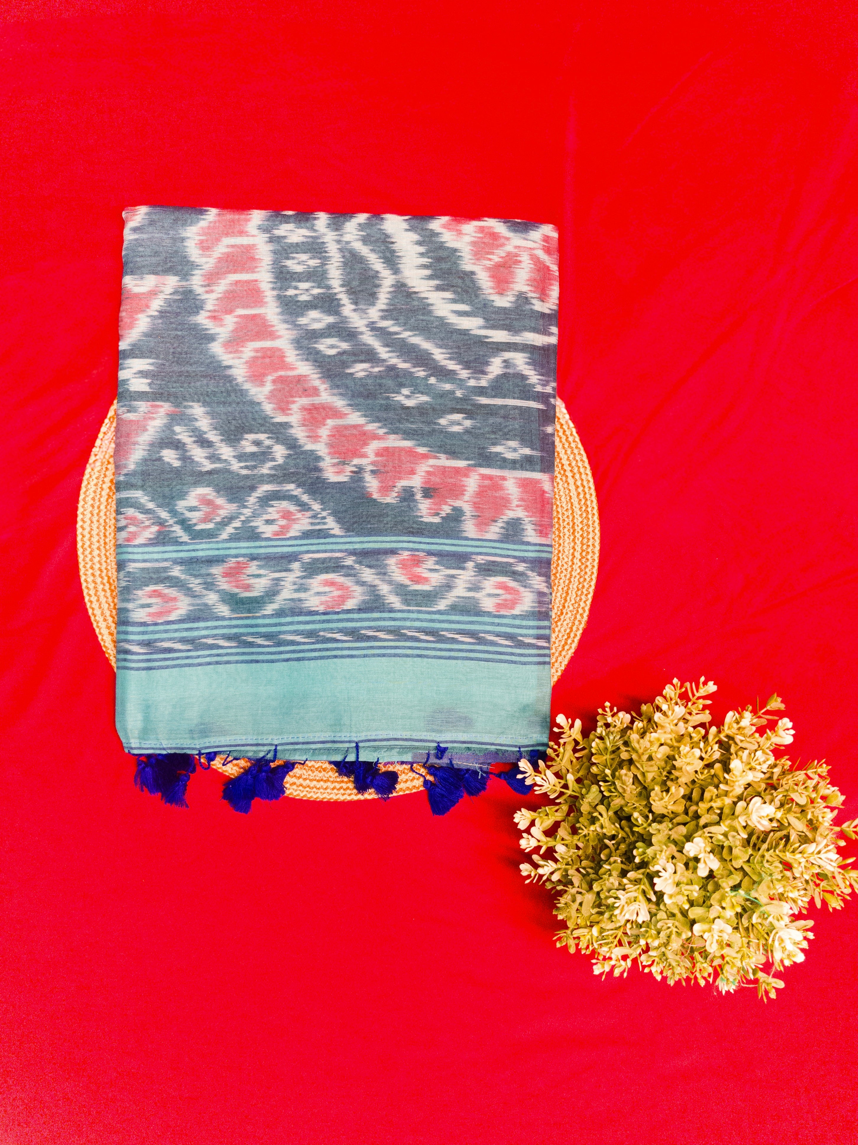 Grey & Teal Handloom Ikat Cotton Saree with Pink Floral Motifs