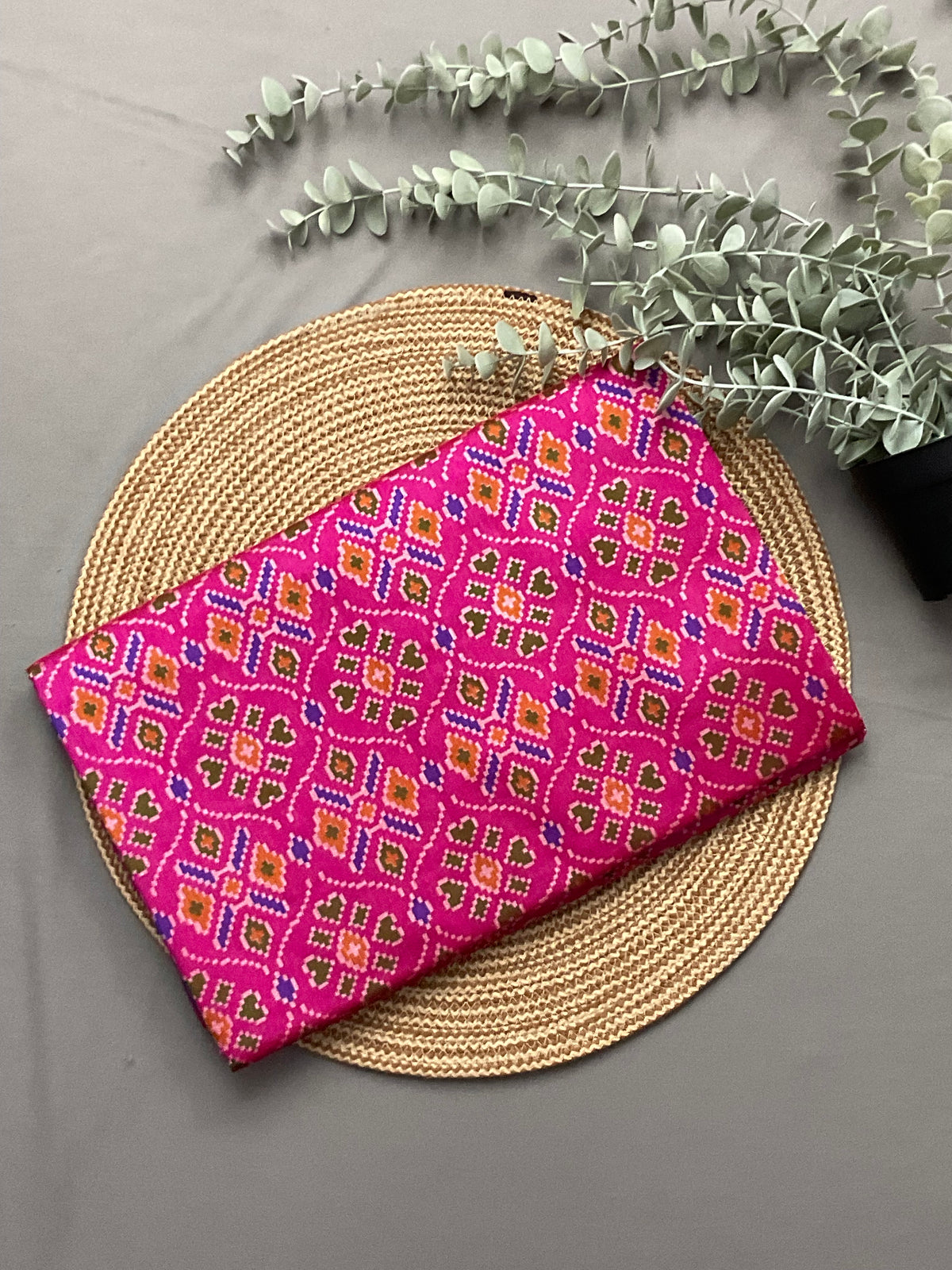 Pochampally Cotton Silk Ikkat Patola Print Saree in Pink with Dark Violet Designer Pallu
