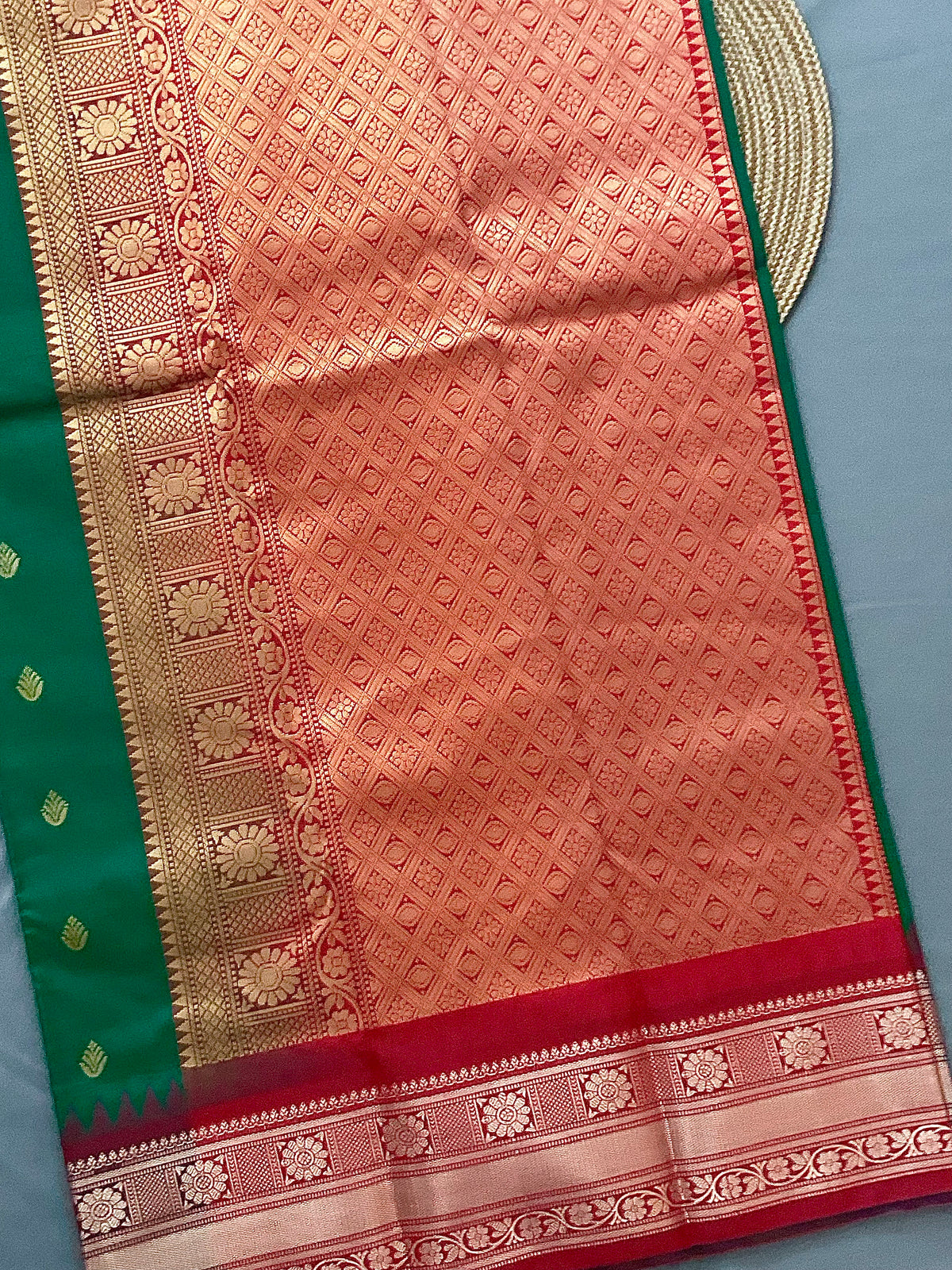 Green Kanchipuram Silk Saree – Red Contrast Pallu & Red Heavy Border with Blouse