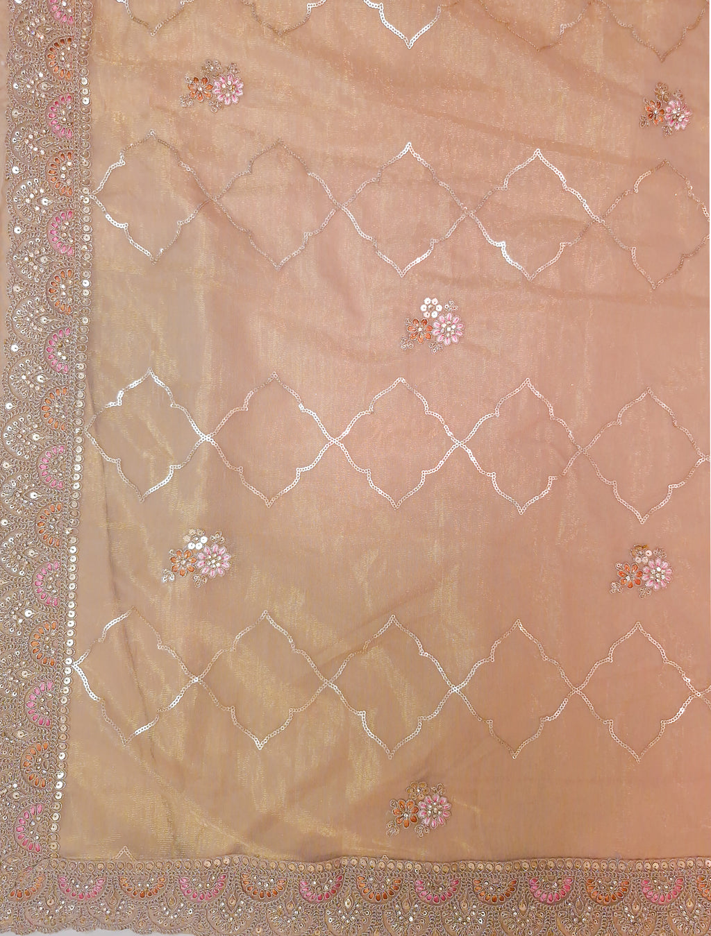 A peach-beige sheer dupatta or scarf with white embroidered geometric lattice patterns, small pink and gold floral motifs, and a heavily embellished border.