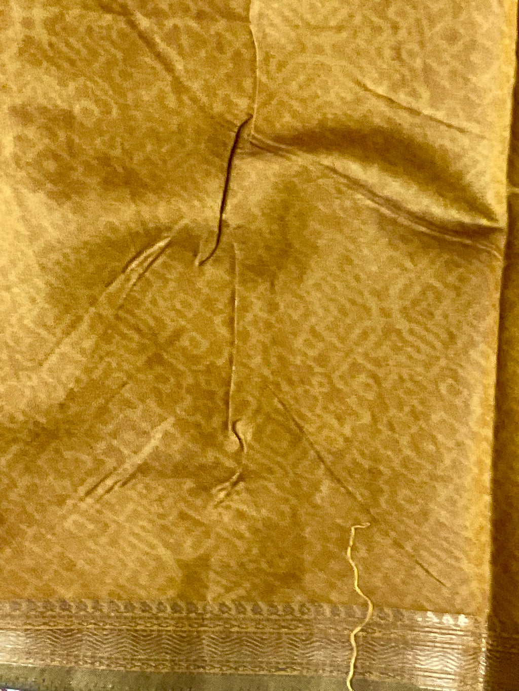 Kalamkari Leheriya Printed Soft Silk Saree in Mustard with Designer Pallu and Gold Border