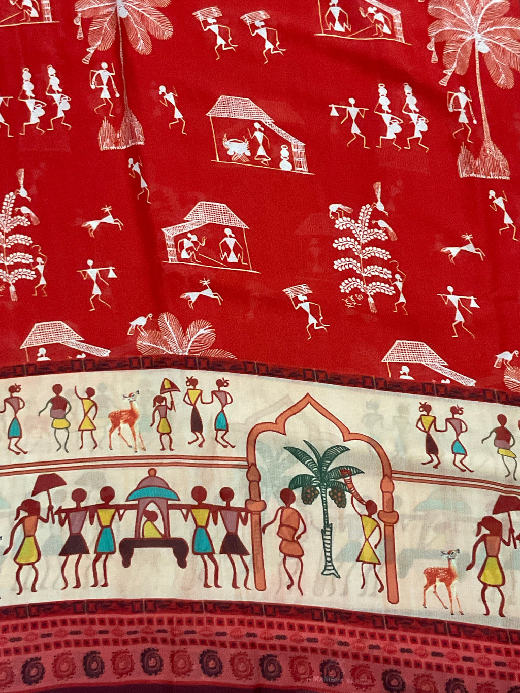 Kalamkari Vareli Printed Flowing Georgette Saree with Printed Border, Designer Pallu & Blouse – Red