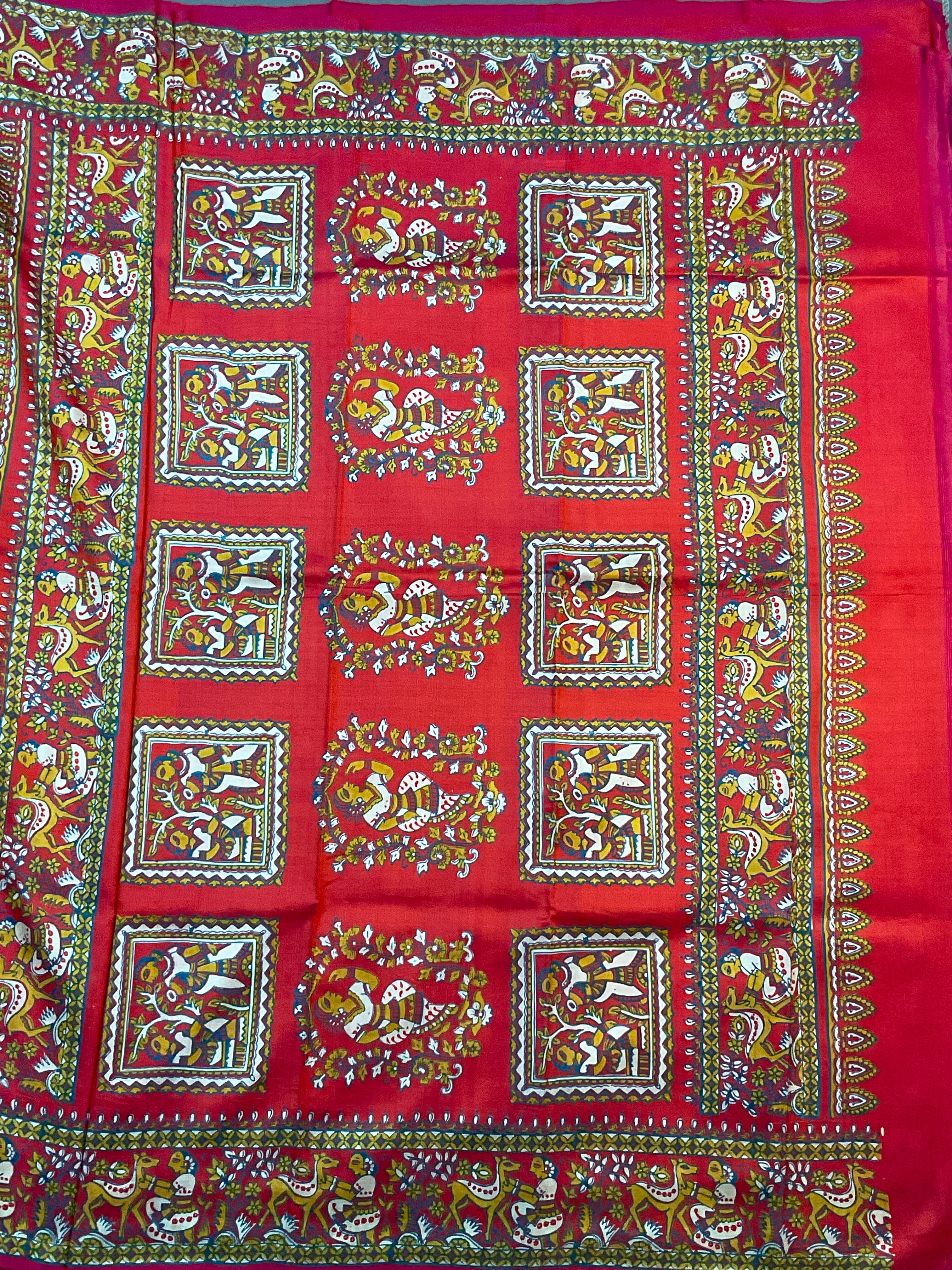 Kalamkari Hand Block Printed Pure Silk Saree in Red with Designer Pallu & Blouse