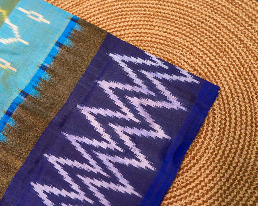 Sky Blue Pochampally Double Ikat Pure Silk Saree — Royal Blue Ikat Border & Pallu, Red Zari Blouse