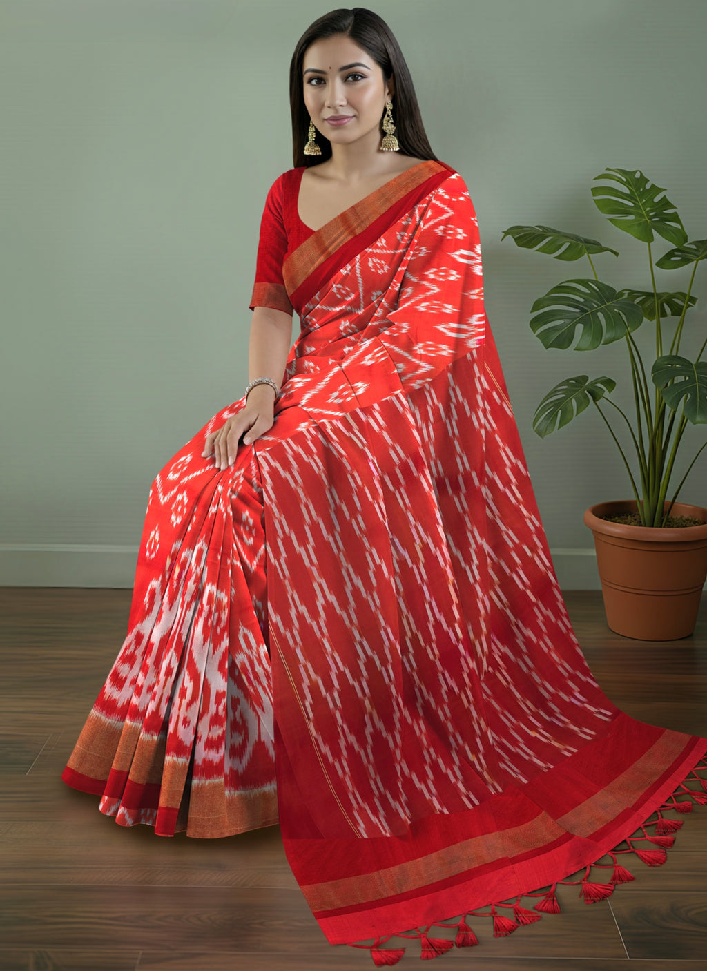 Red Pochampally Ikat Zari Saree