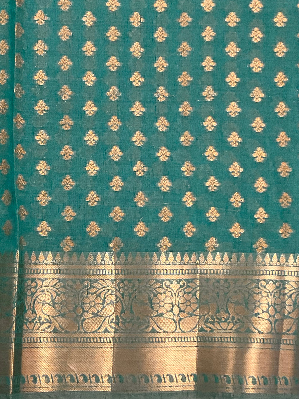 Sea green handloom cotton silk saree with zari butti