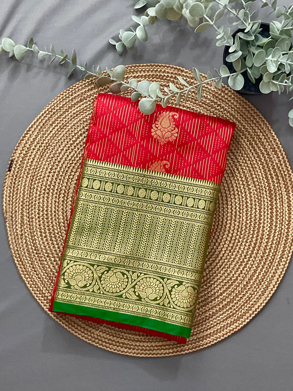 Red Kanchipuram Silk Saree – Green Heavy Border and contrast pallu  with Blouse