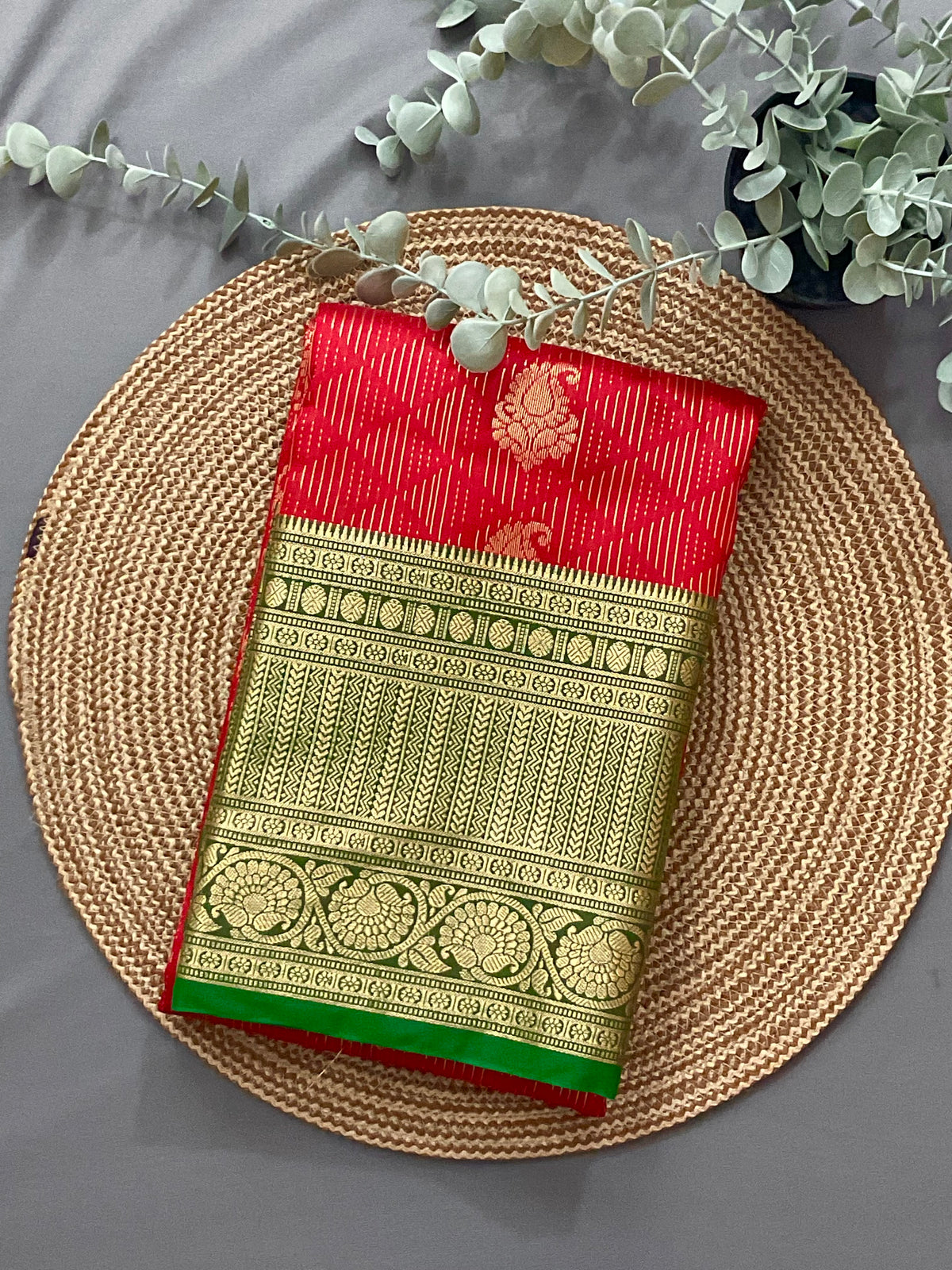 Red Kanchipuram Silk Saree – Green Heavy Border and contrast pallu  with Blouse