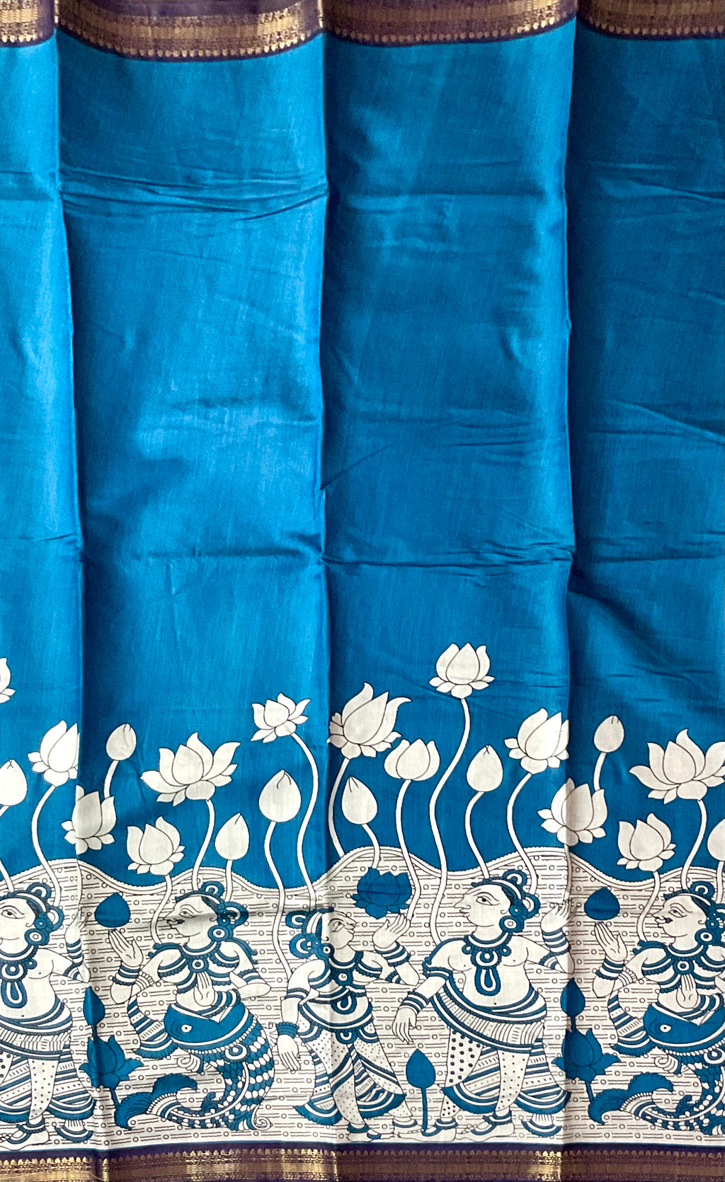 Pedana Kalamkari Hand-Block Soft Silk Saree in Royal Blue with Navy Designer Pallu & Gold Border