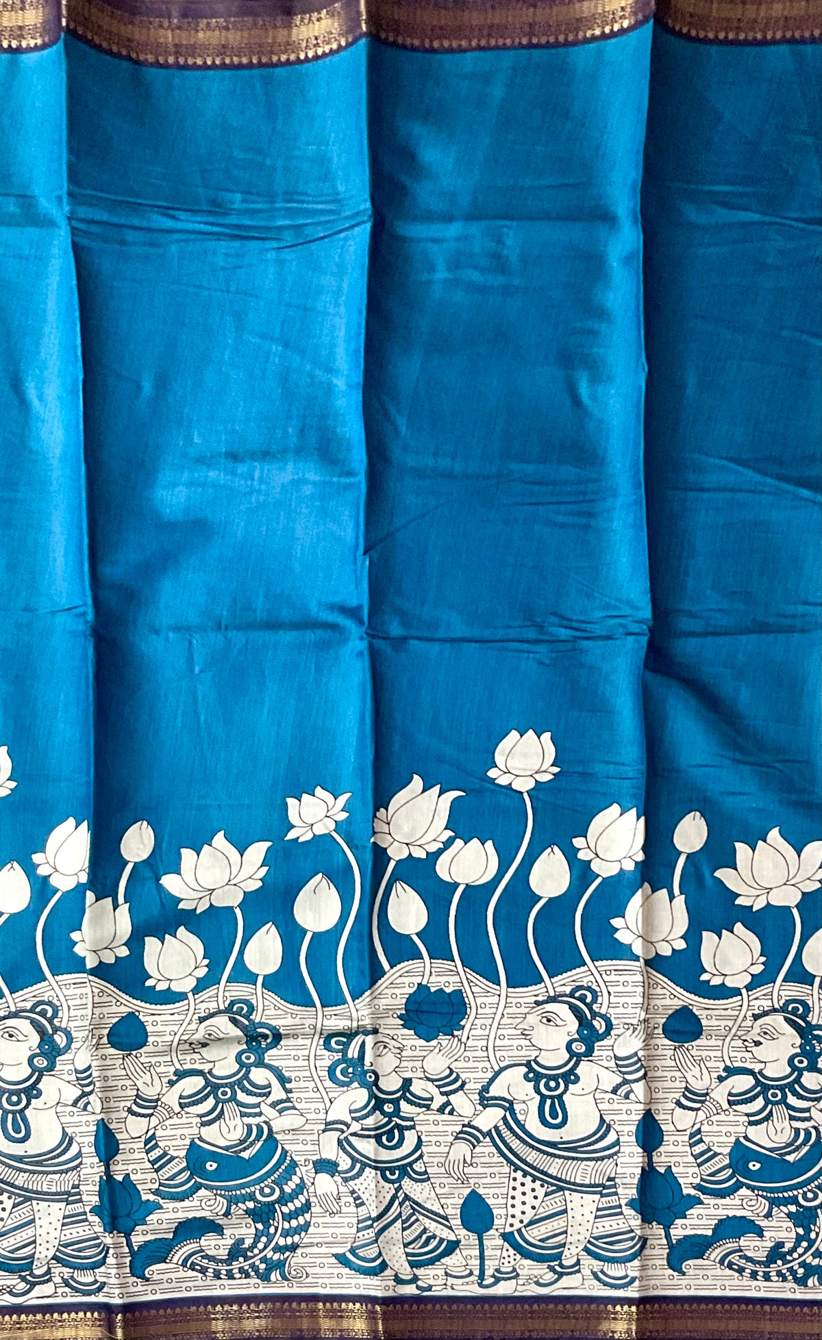 Pedana Kalamkari Hand-Block Soft Silk Saree in Royal Blue with Navy Designer Pallu & Gold Border