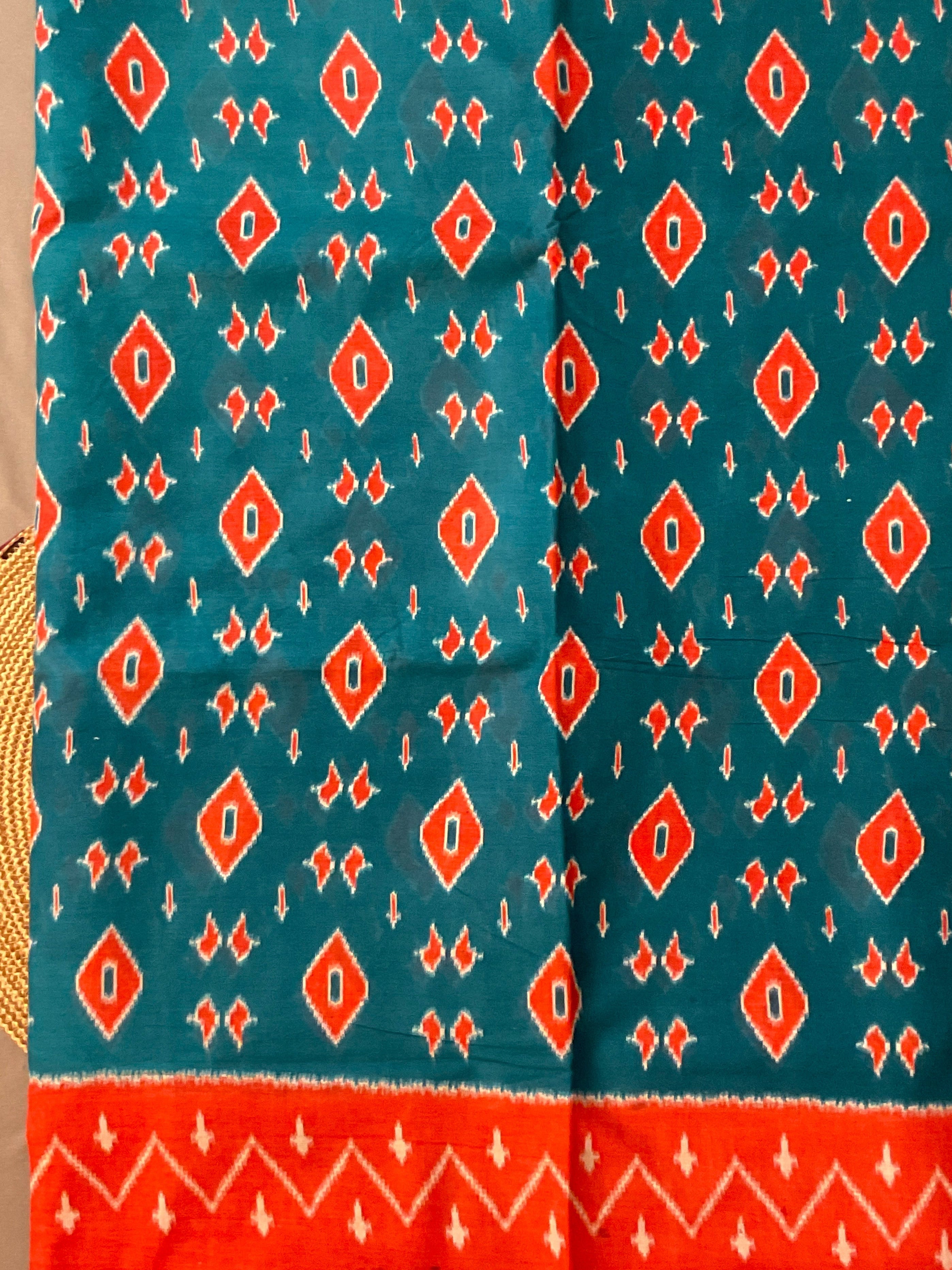 Bright Blue Floral Printed Cotton Saree with Blouse