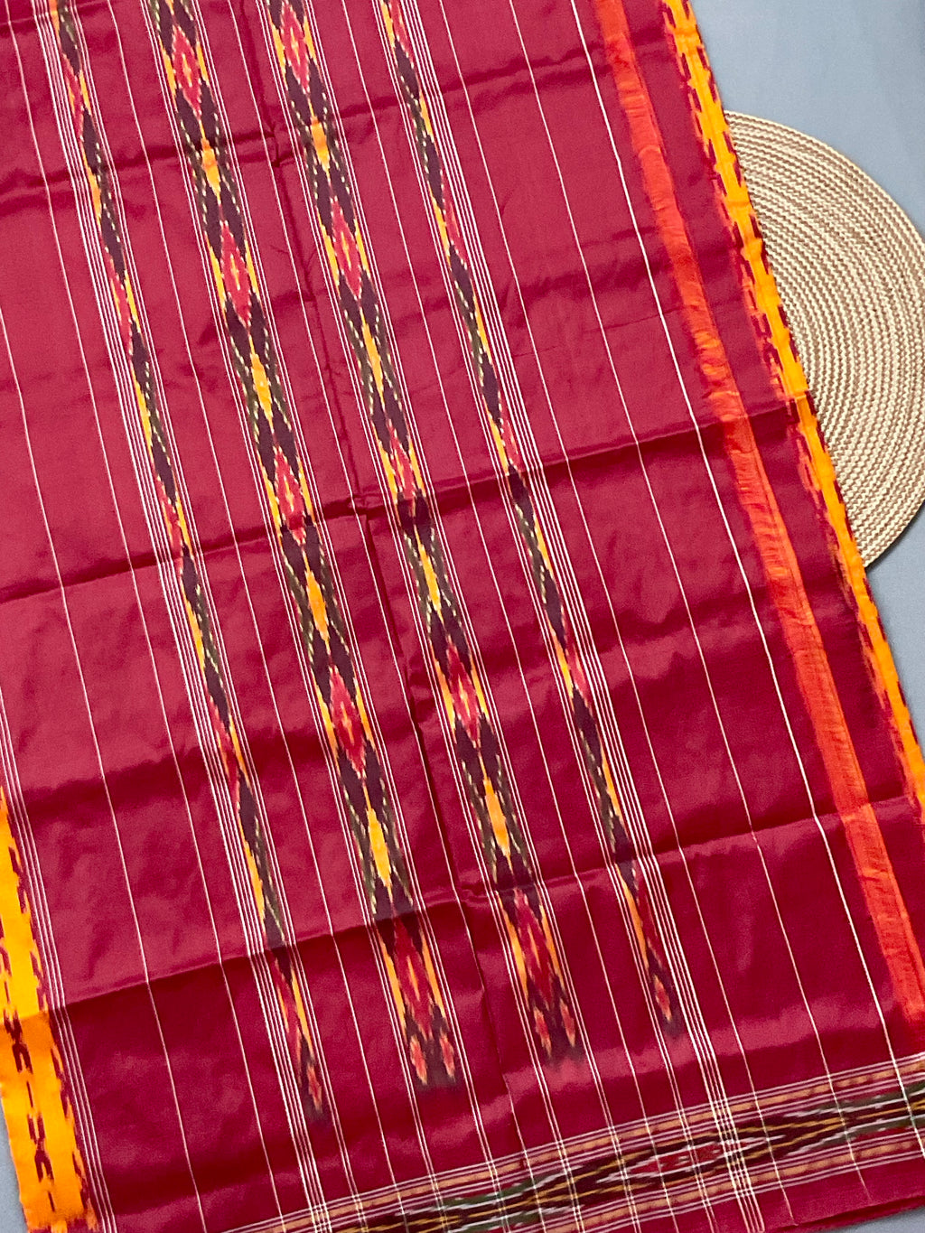 Mustard Pochampally Single Ikat Silk Saree — Red Patola Border & Pallu