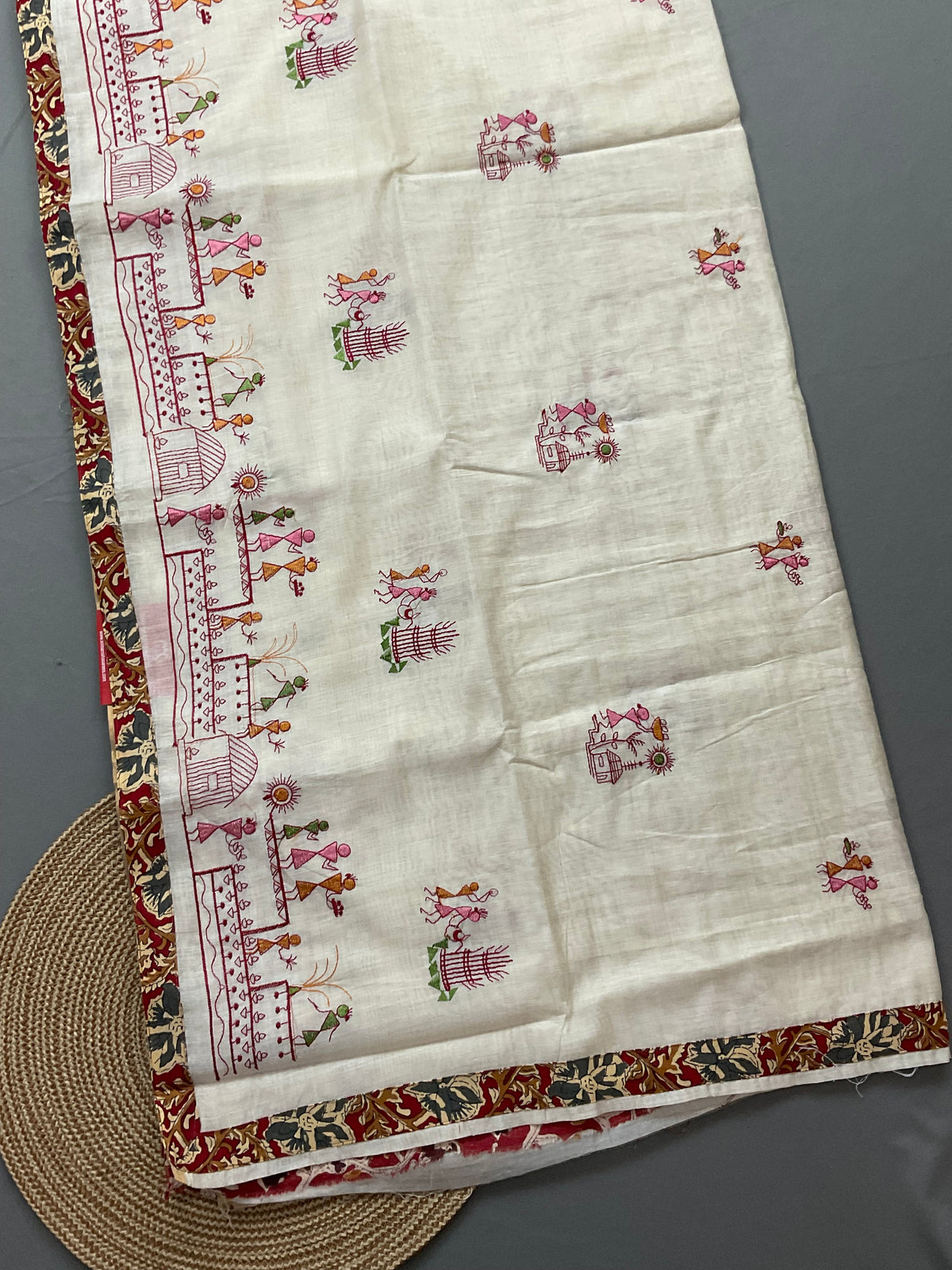 Kalamkari Handwork Cotton Linen Saree in Maroon with Attached Kalamkari Border, Running Pallu & Designer Blouse