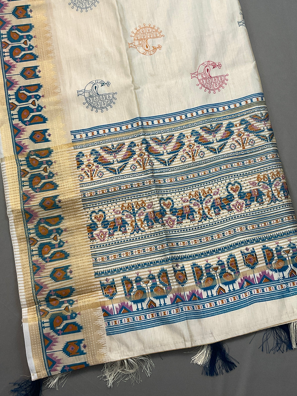 Hand embroidery, off white Pochampalli silk sari with threadwork , butti, and blue work pochampally Pallu with the designer blouse