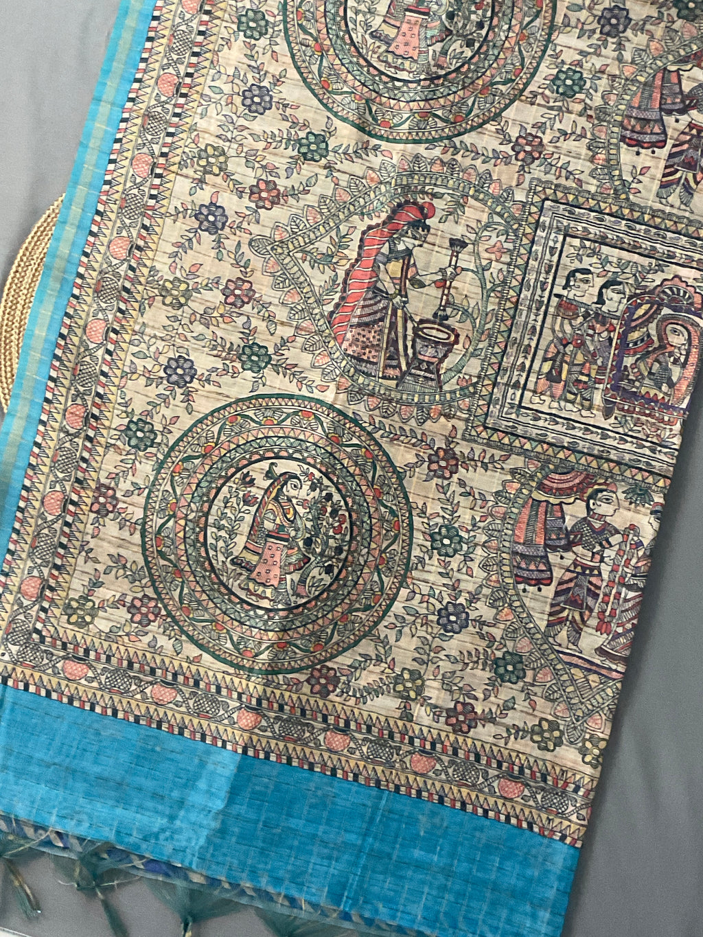 Kalamkari Hand Block Printed Handloom Silk Saree in Sky Blue with Designer Pallu & Blouse