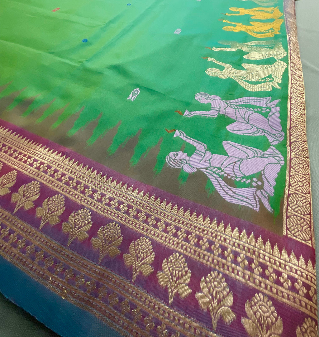 Vibrant Green Jamdani Silk Saree with Temple Border and Magenta Pallu
