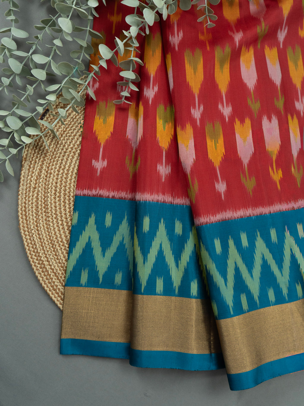 Red Pochampally Lotus Ikat Saree