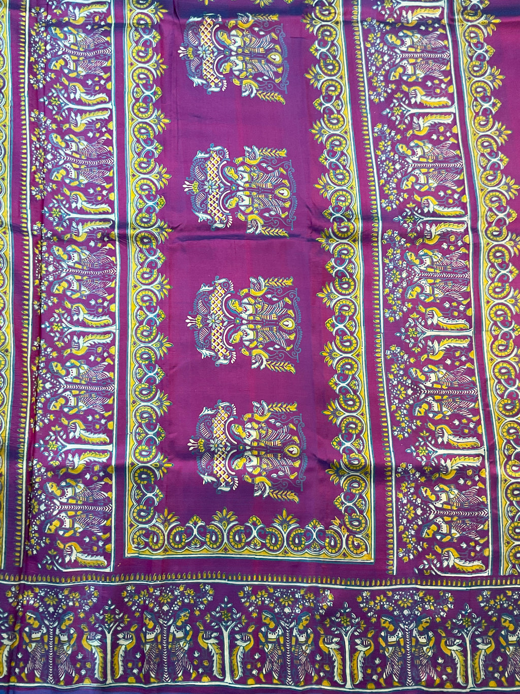Kalamkari Hand Block Printed Pure Silk Saree in Purple with Designer Pallu & Blouse