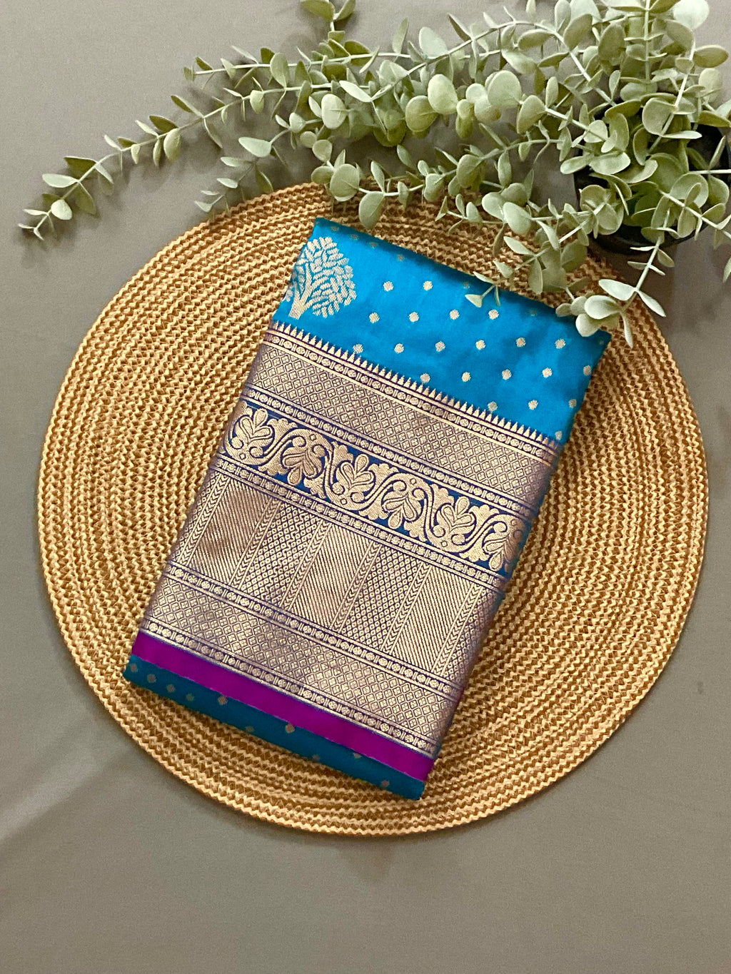 Blue Kanchipuram Silk Saree – Purple Contrast Pallu & Purple Heavy Border with Blouse