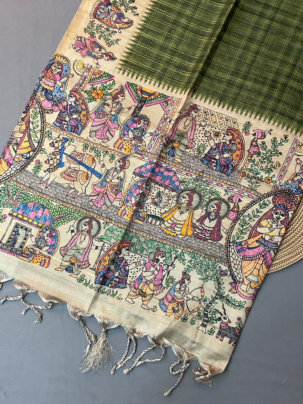 Kalamkari Hand Block Printed Handloom Silk Saree in Green with Designer Pallu & Blouse