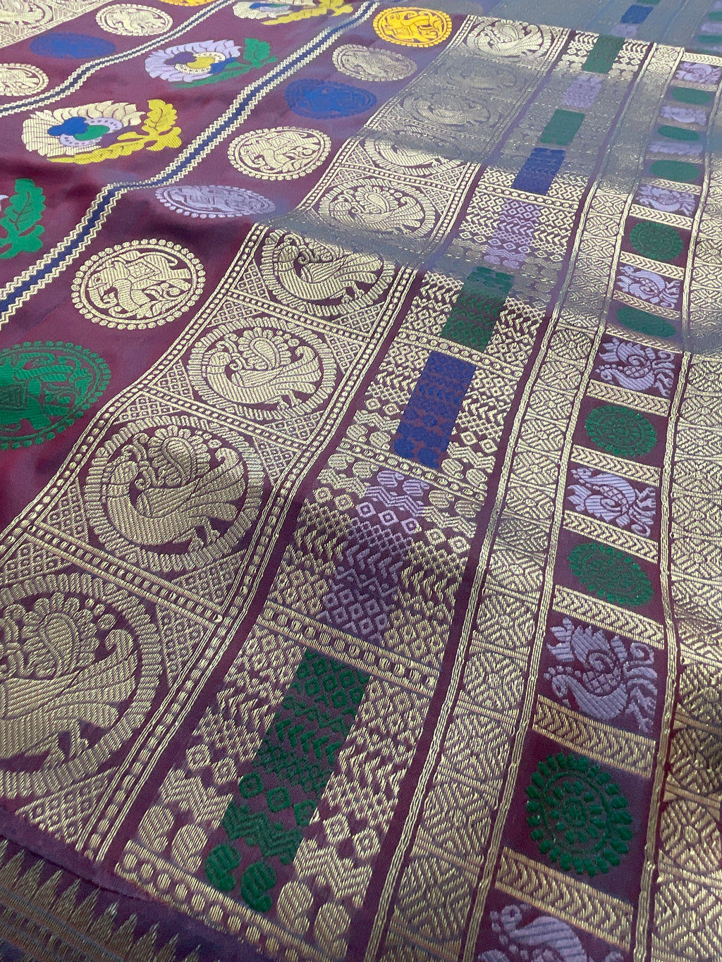 Vibrant Green Jamdani Silk Saree with Temple Border and Magenta Pallu