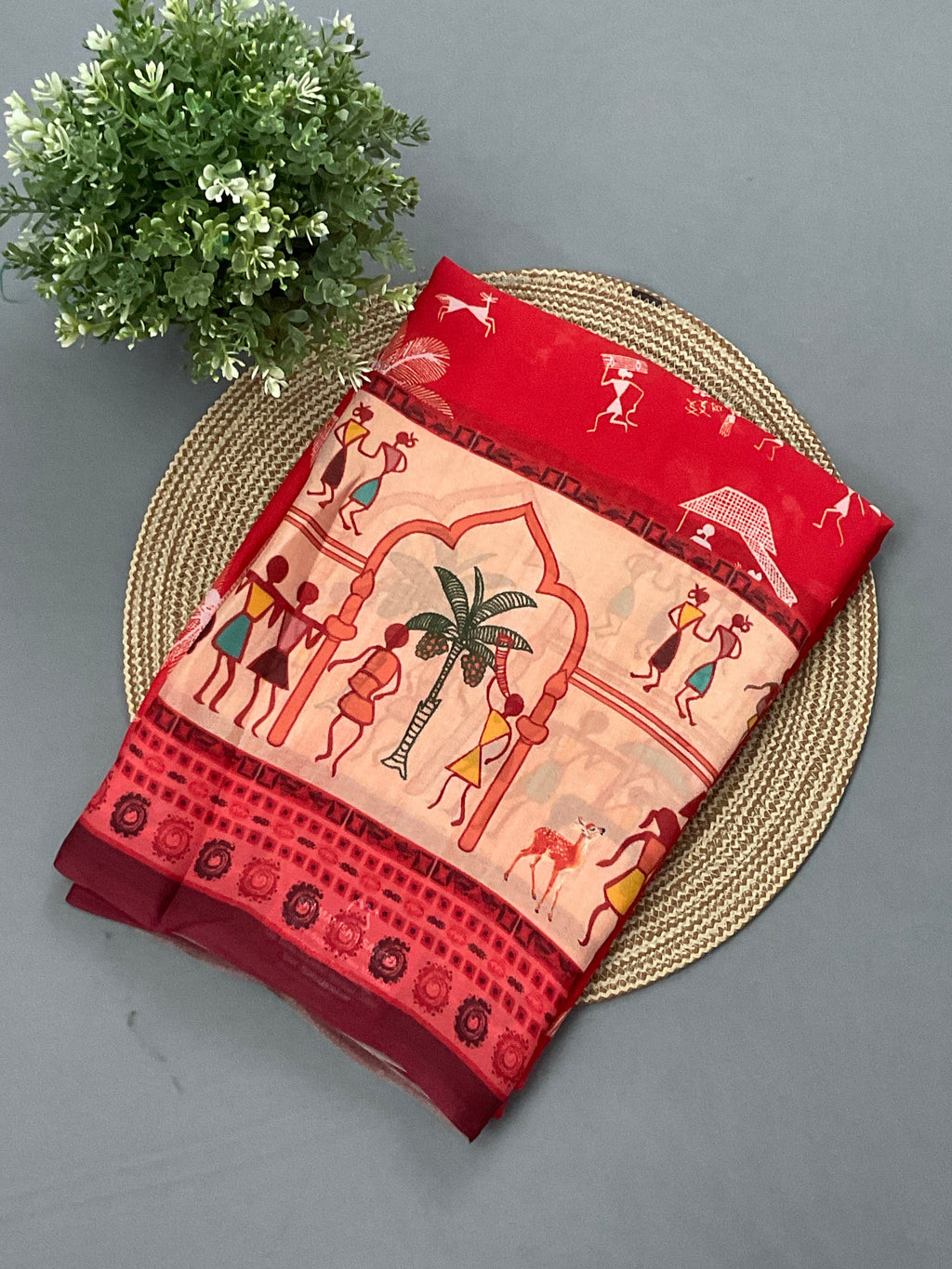 Red Kalamkari Vareli printed georgette saree with printed border and designer pallu