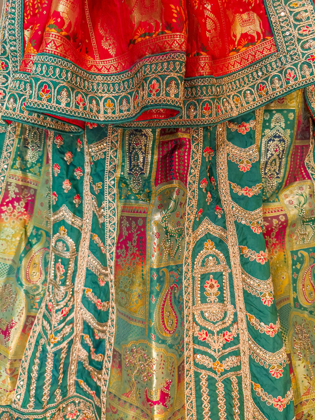 Emerald Green Handloom Banarasi Silk Lehenga with Contrast Red Silk Dupatta