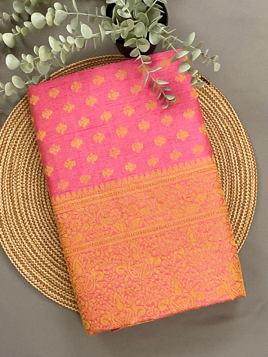 Hot pink handloom cotton silk saree with zari butti