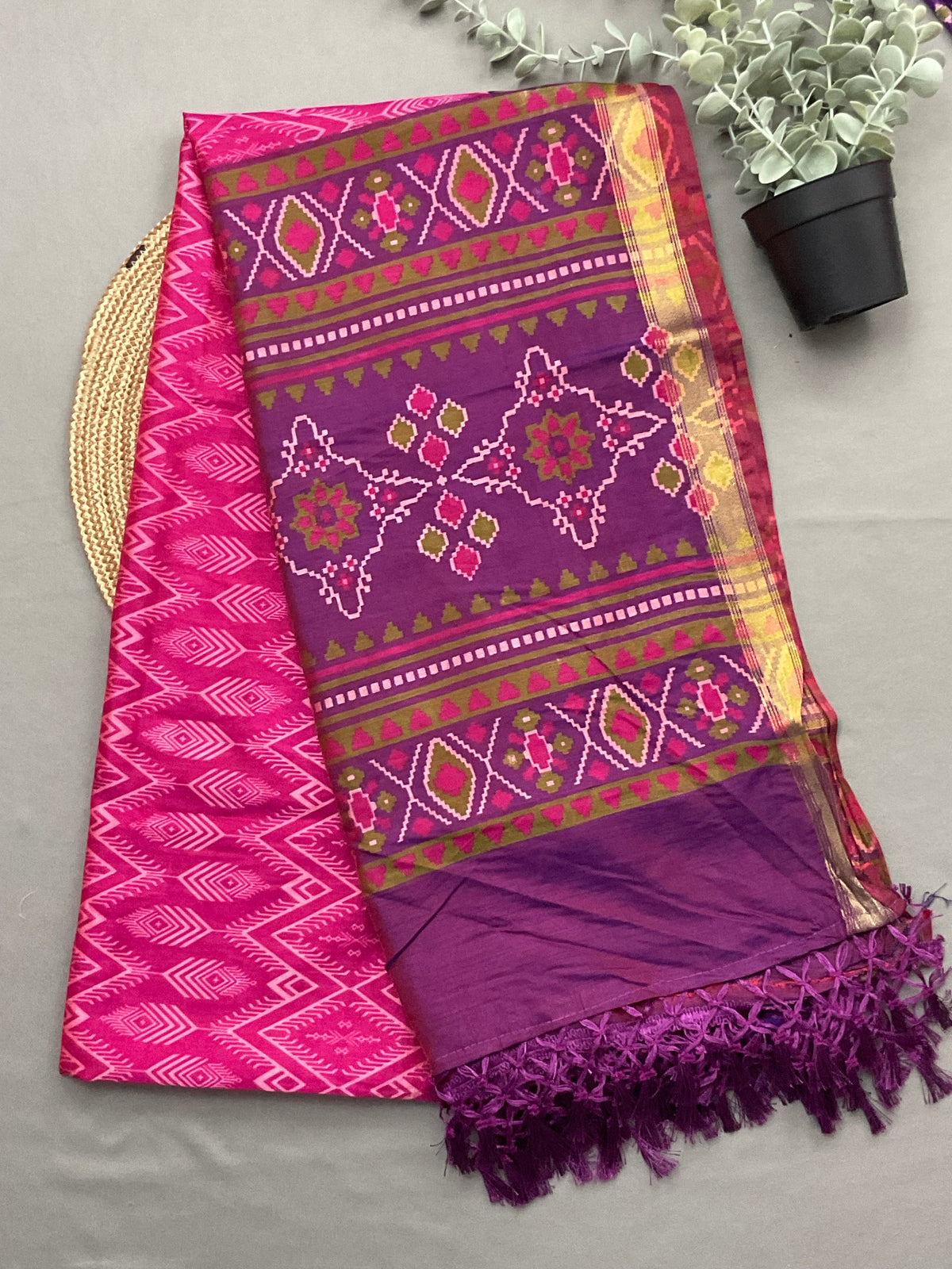 Rani pink designer dupatta for purple patola print silk dress material